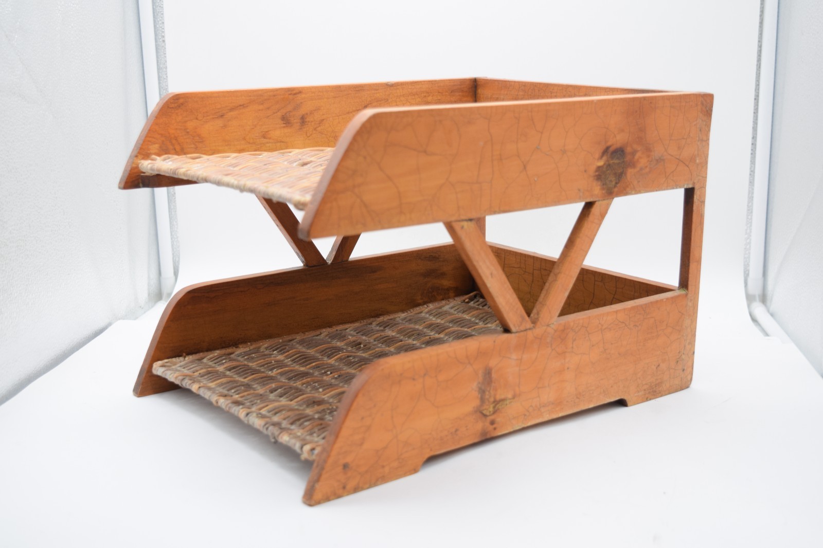 Vintage Wood Letter Tray Desk Organizer Woven Rattan 2 Tier Office Holder