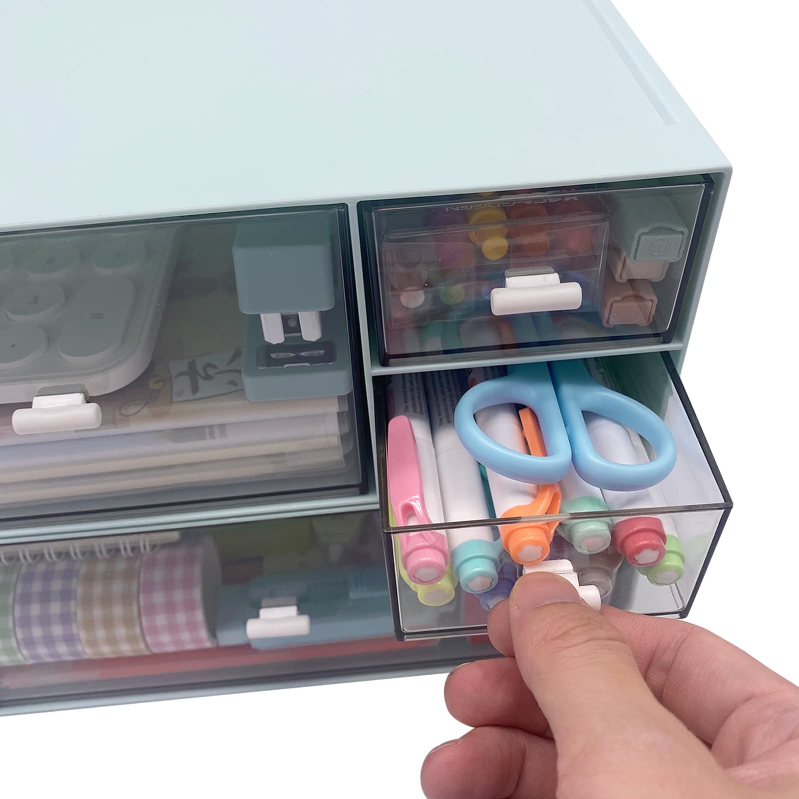 Marknor Desk Organizer with 4 Drawers, Makeup Organizer, Plastic Blue