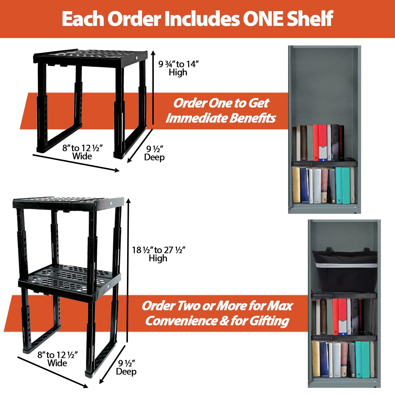 Locker Organizer Shelf， Adjustable Width and Height, Stackable, Ideal Locker …