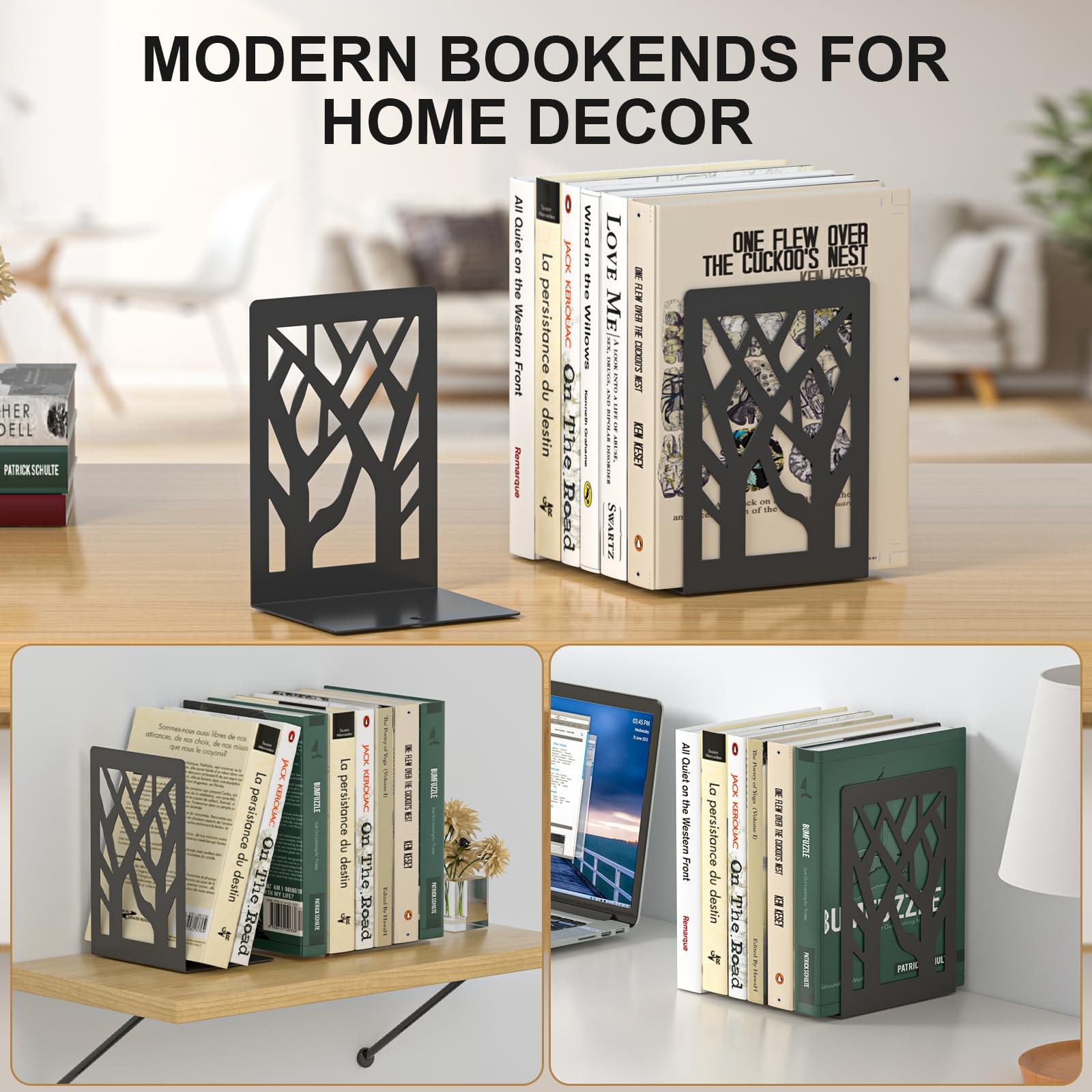 ALOTCHE Bookends 4 Pieces, Tree Design Modern Metal Black 4 Pieces