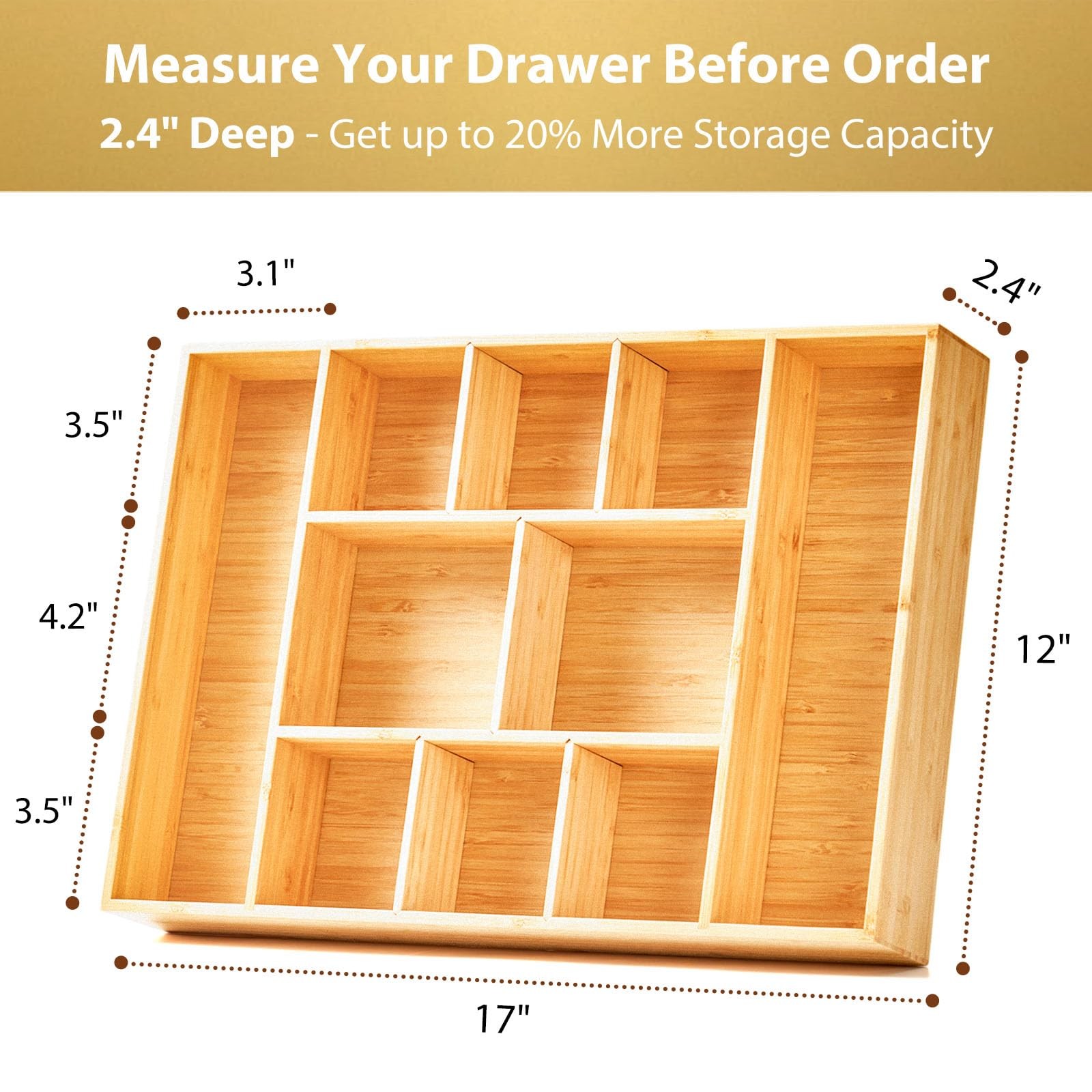 Bamboo Desk Drawer Organizer with Adjustable Dividers, 17×12
