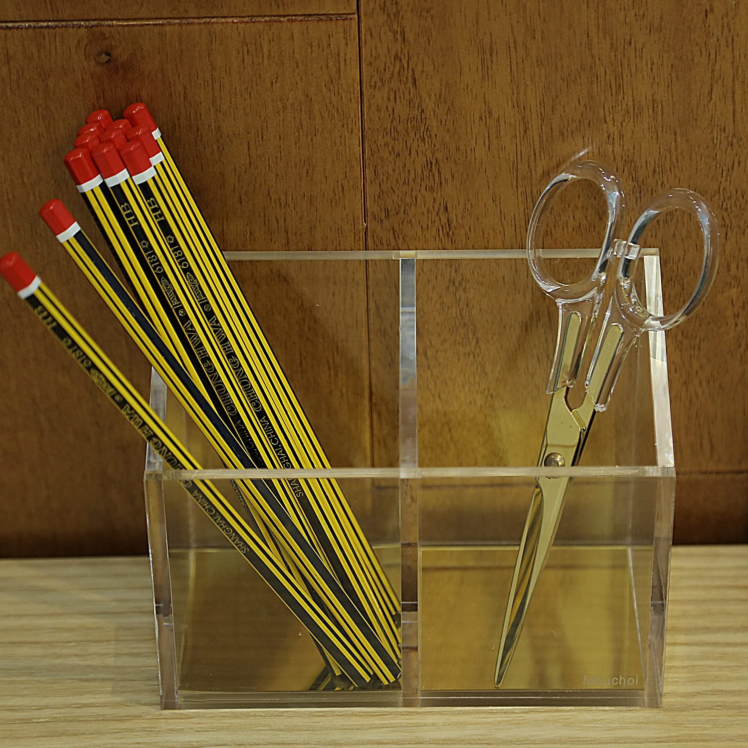 Modern Acrylic Pen Holder with 2 Compartments Gold Base, Multifunctional Penc.