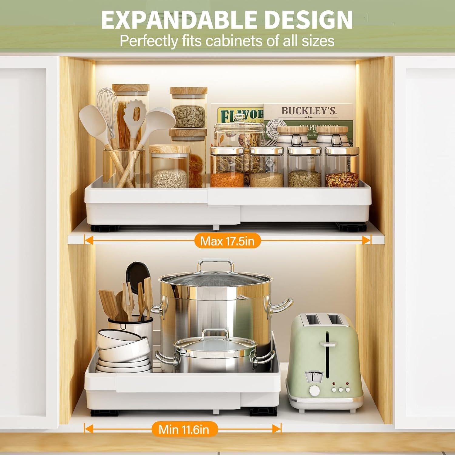 DOMNIU 2 Pack Pull Out Cabinet 16.9″D x 11.6″~17.5″W(2Pack/Plastic), White