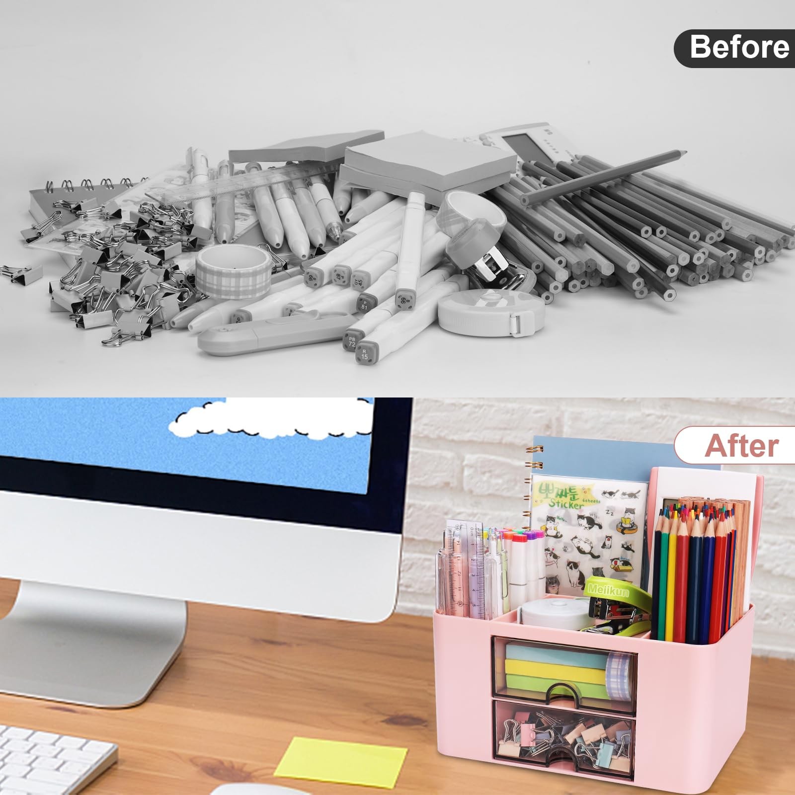 Plastic Pen Organizer, Multifunctional Desk Organizer with 2 Drawers, 4 Compa…