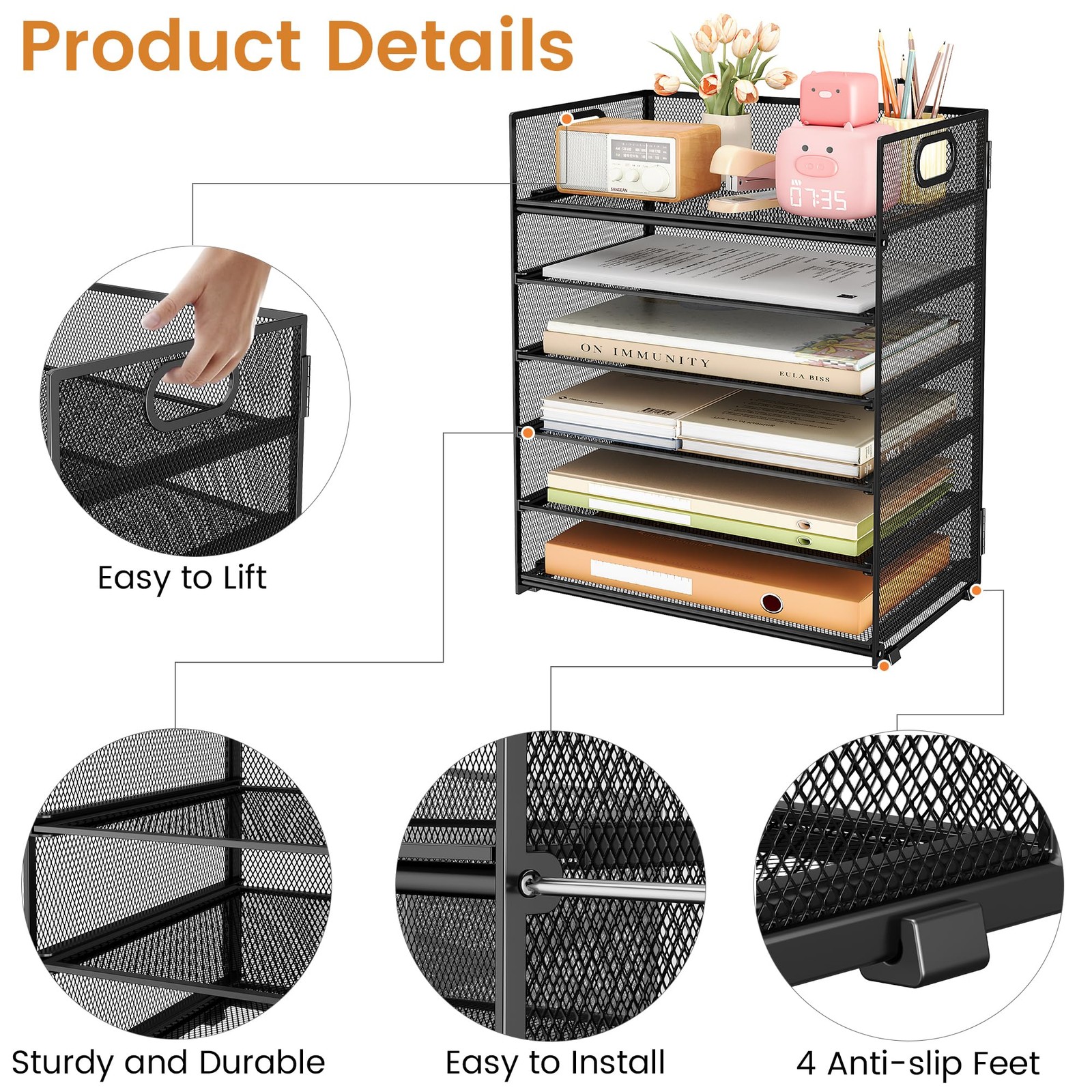 6 Tier Paper File Tray Organizer for Desk, Black Mesh Desk Letter Paper File …