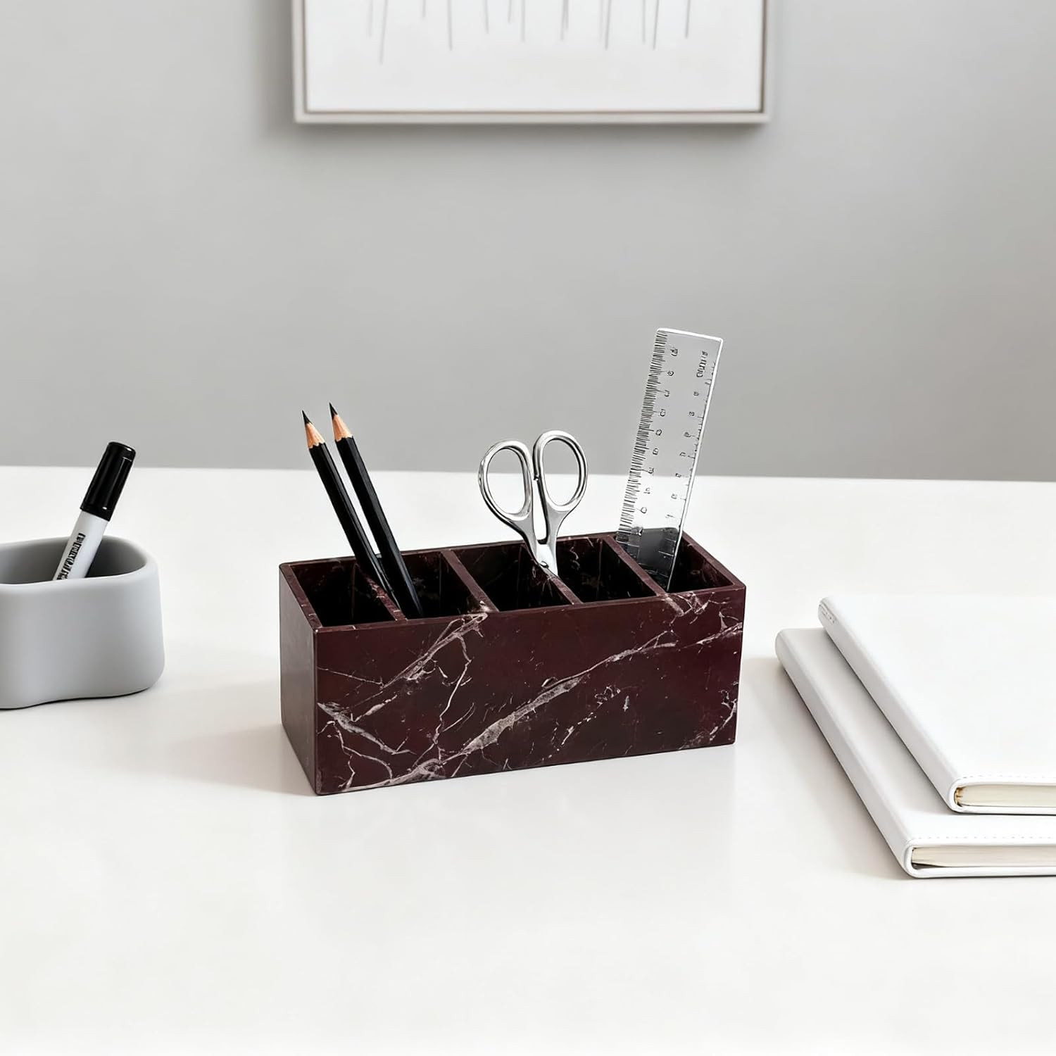 Elegant Marble Desk Organizer & Pen Holder – Purple-Red with White Veins