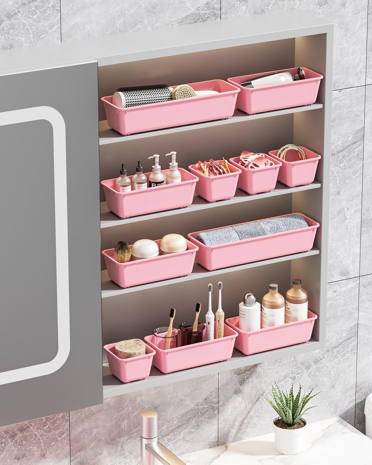 Canfanni 13 Pack Plastic Drawer Organizers Set, 3 Sizes Desk Pink