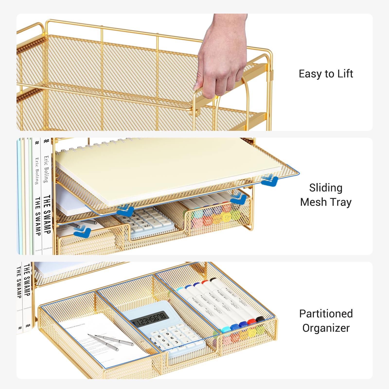 OPNICE File Desk Organizers and Accessories – Paper Letter Tray Medium, Gold