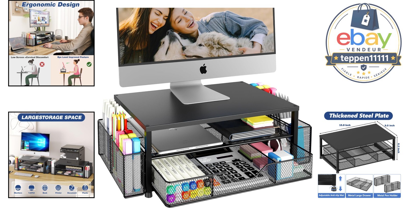 Desk Organizer 2-Tier Computer Monitor Stand Riser with Drawer Black
