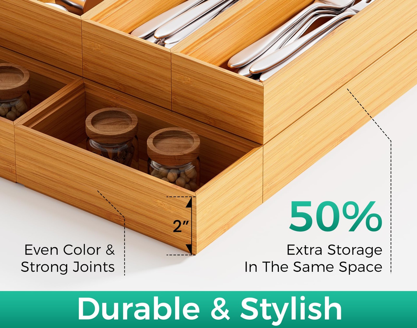 Bamboo Kitchen Drawer Organizer Set of 2, Stackable 15″ x 6″ x 2″,