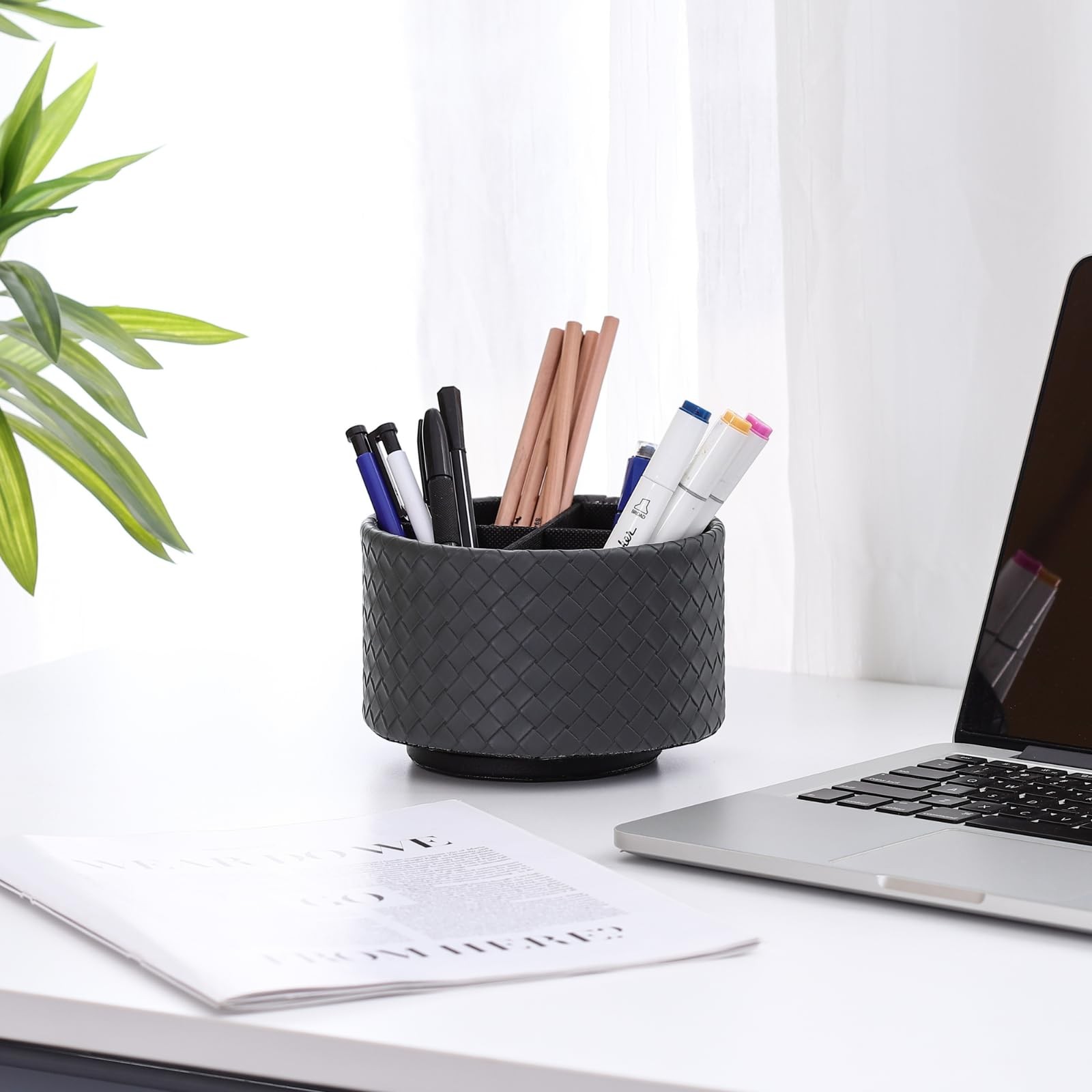 Rotating Remote Holder, PU Leather 360 Degree Rotating Desktop Organizer with…