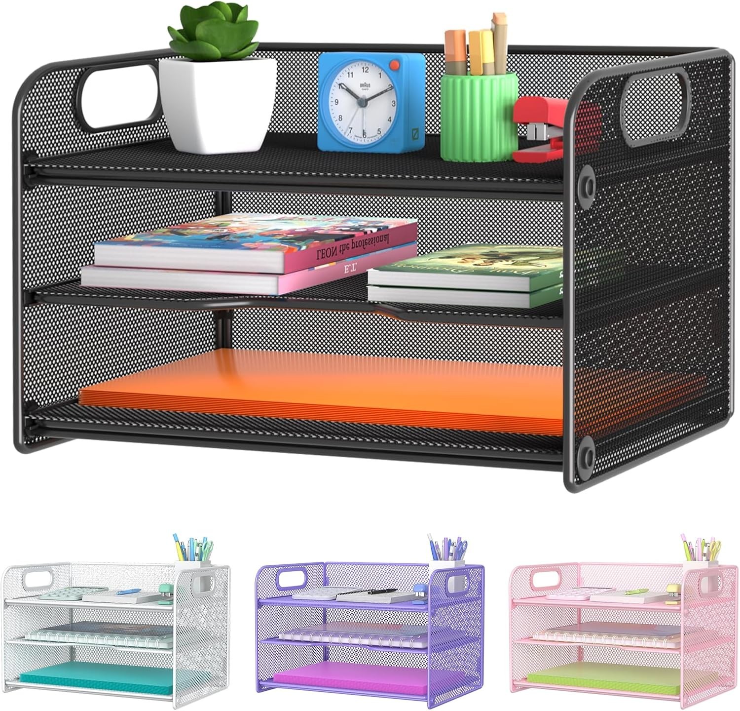 3 Tier Letter Tray Paper Organizer W/ Handle Mesh Desk Organizer Paper Sorter