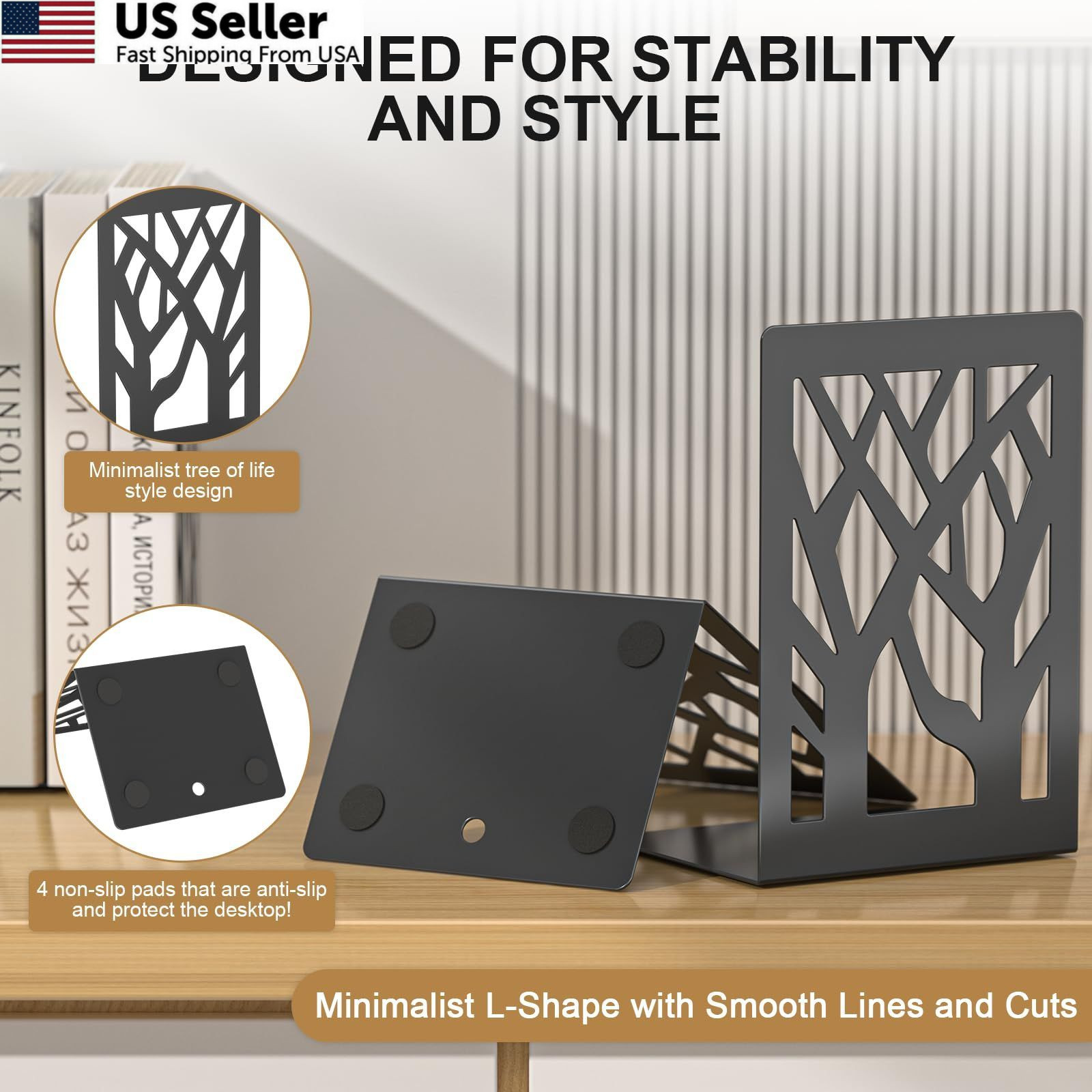 ALOTCHE Bookends 4 Pieces, Tree Design Modern Metal Black 4 Pieces
