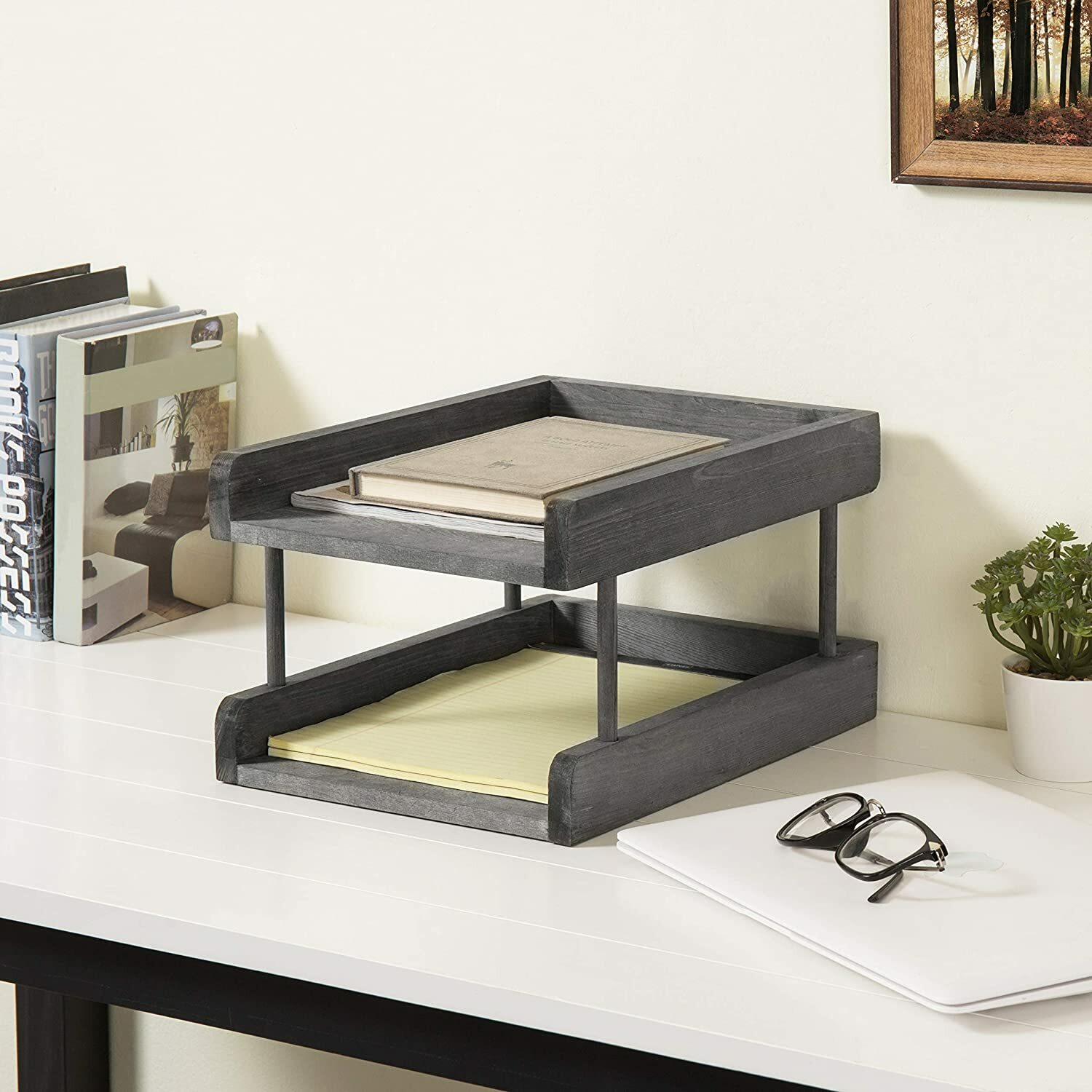 Rustic Grey Wood Paper File Organizer in & Out Desktop Document Holder Tray