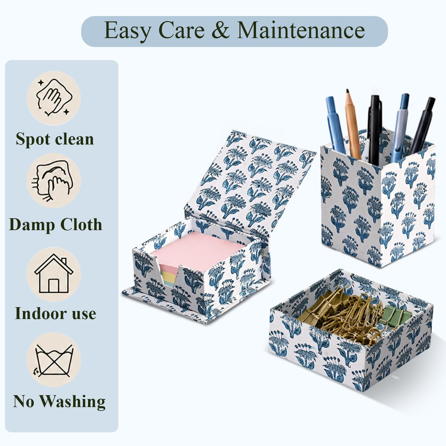 CPC Apatite Blue Block Print Set of 3 Desk Organizer Pen And Sticky Note Hold…