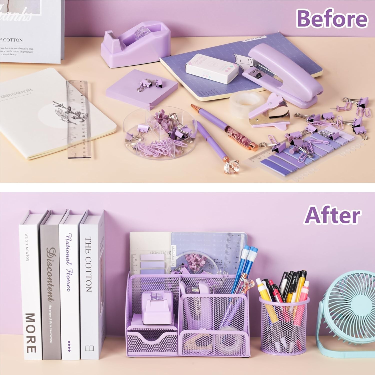 “15 Pcs Purple Office Supplies Set Mesh Desk Organizer Accessories Kit Include “