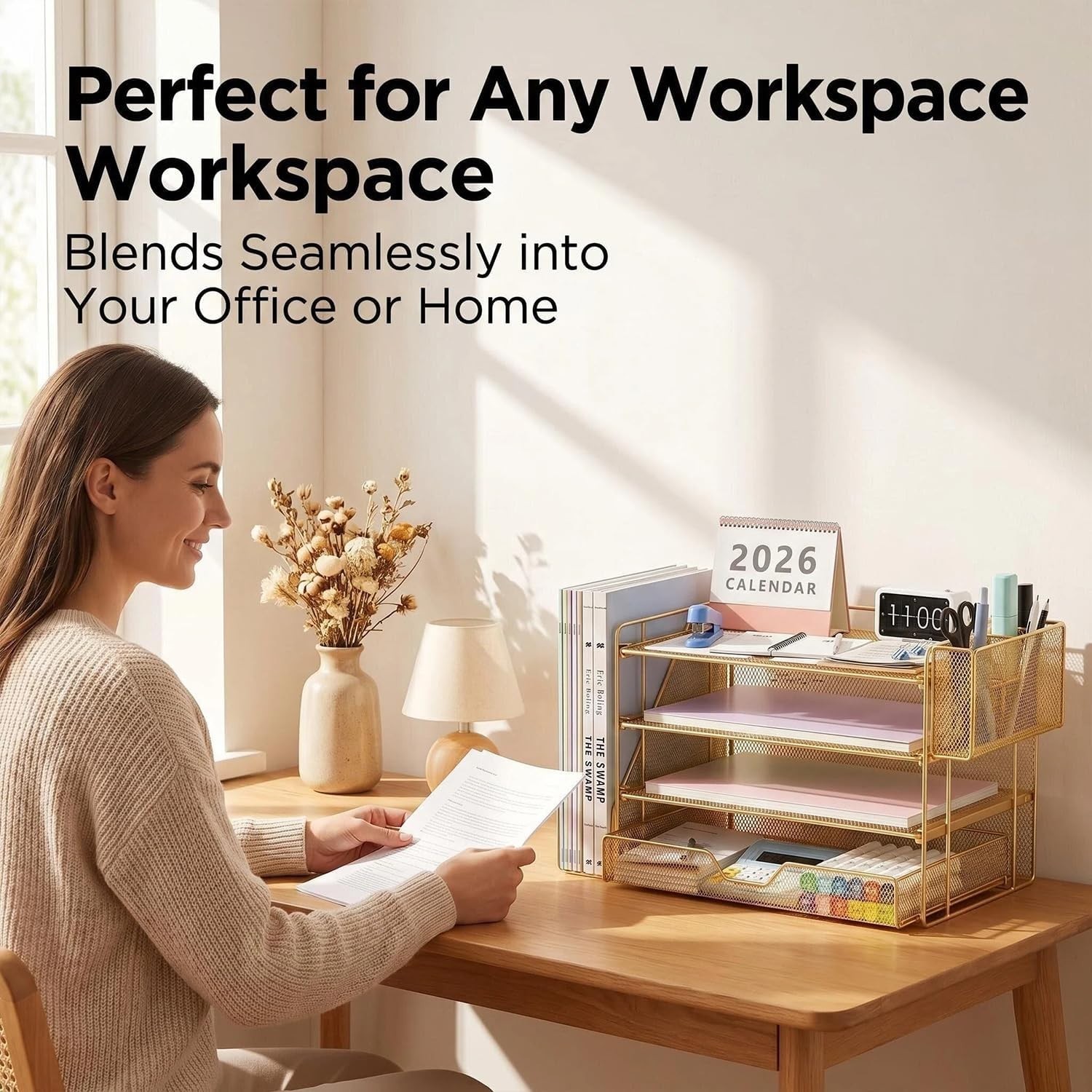 Stylish Gold Desk Organizer with Sliding Drawer & Pen Holder – Easy Assembly