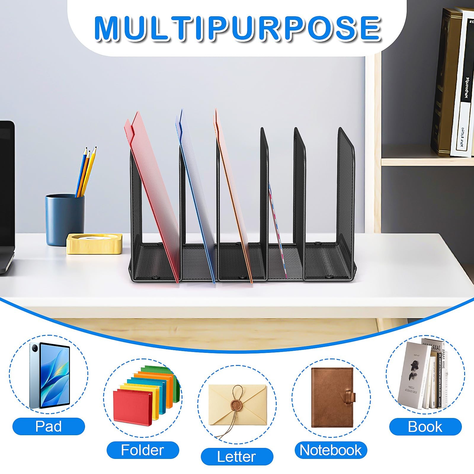 1 PCS 5Section Mesh Desk File Holder Rack Sorter Metal Upright Desktop Stand