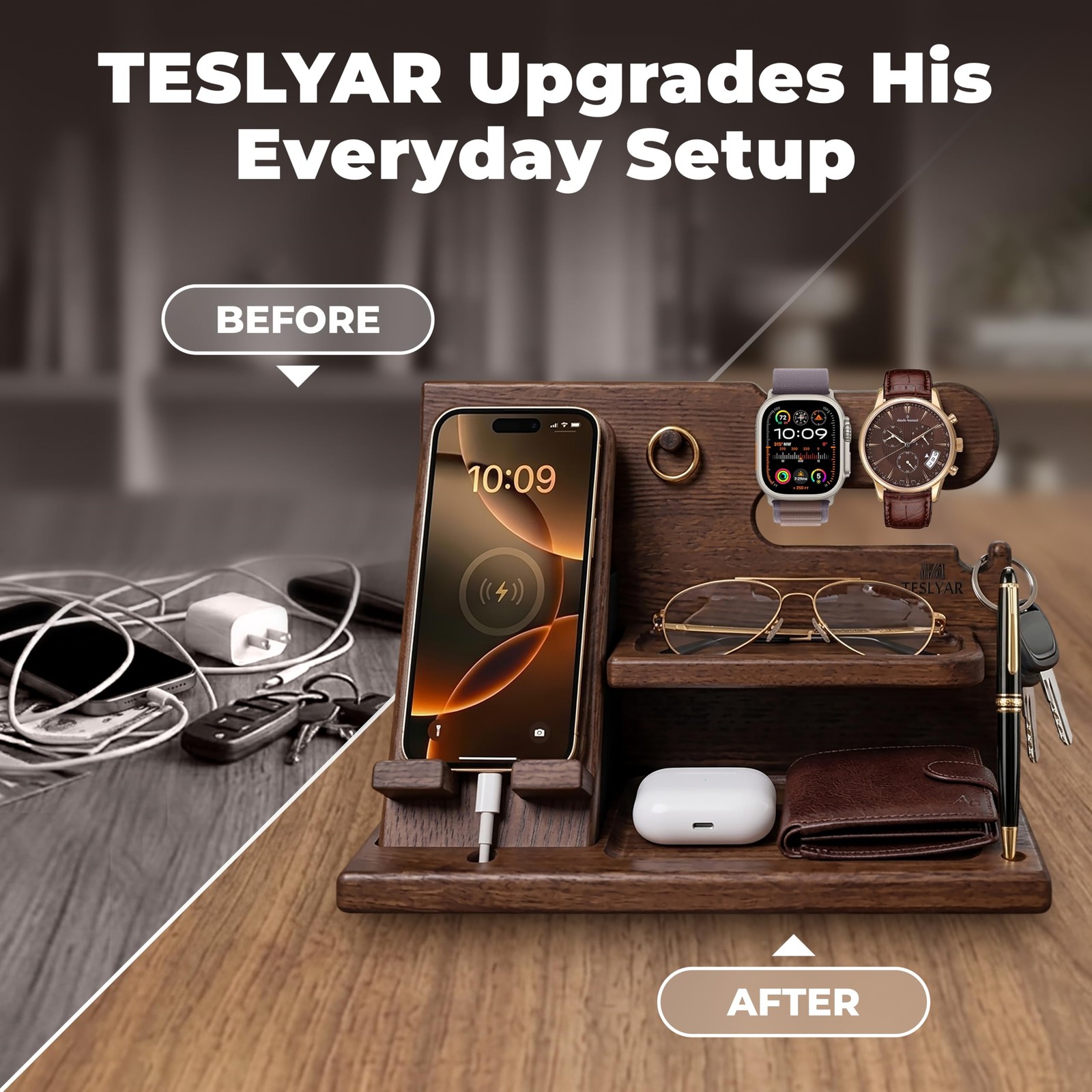 TESLYAR Wood Phone Docking Station for Men – Desk or Nightstand Bourbon Brown