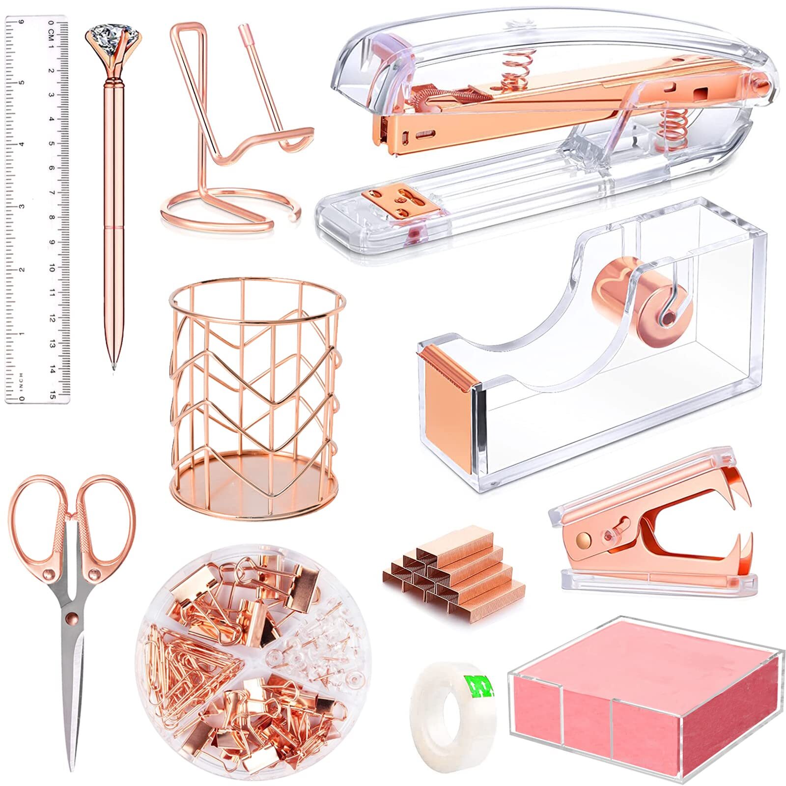 Rose Gold Office Supplies and Accessories Acrylic Stapler Staple Remover Tape…