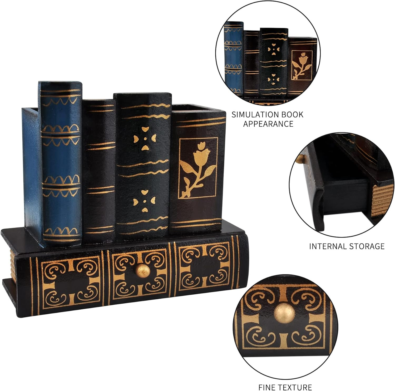 Vintage Book Pen Holder Retro Pen Desk Organizer with Drawer Wooden Fake Book Sh