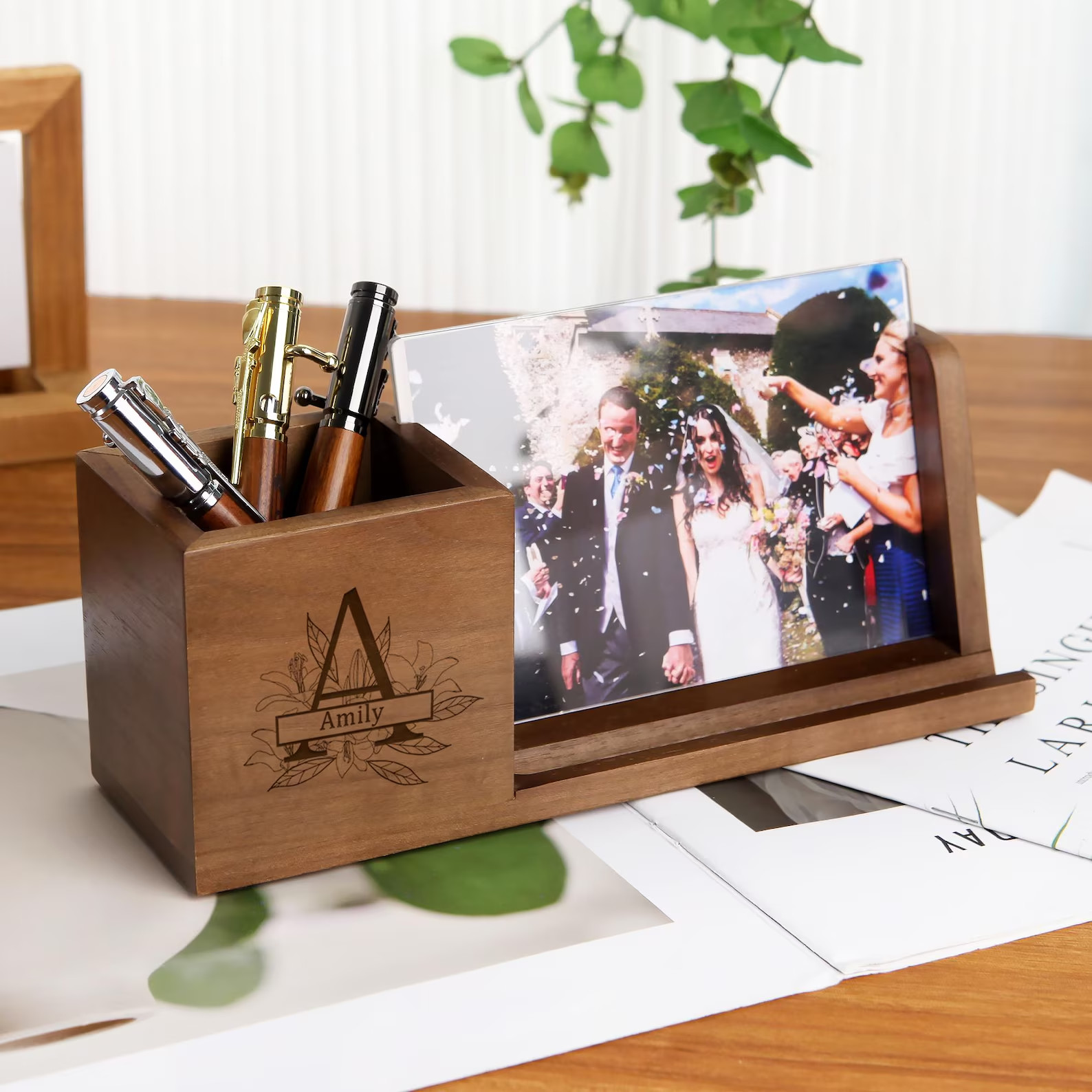 Birthday Gift Personalized Pen Holder with Photo Frame–Custom Desk Organizer, Gi