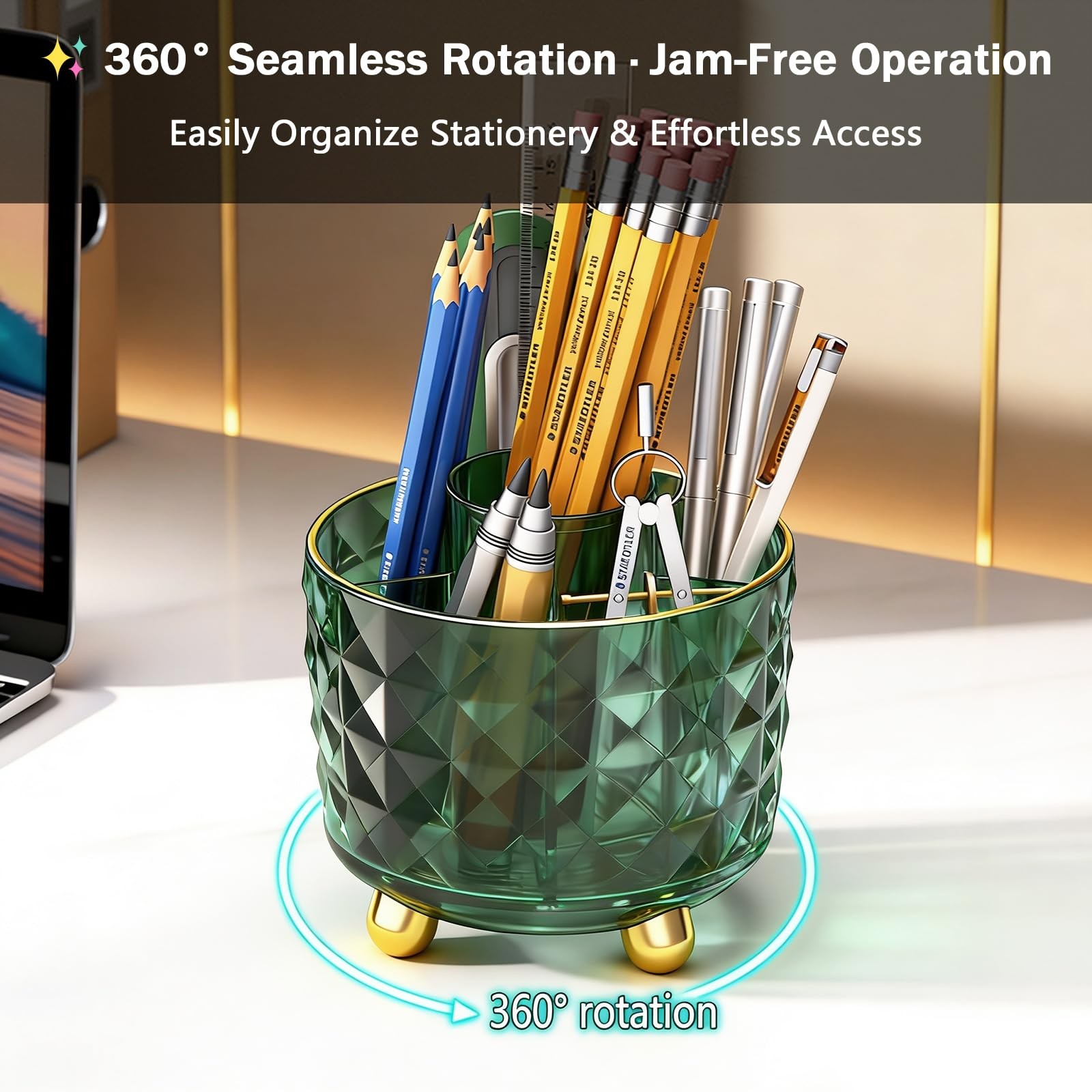 GOTOBA Dark Green Pen Pencil Holder for Desk, 360° Rotating