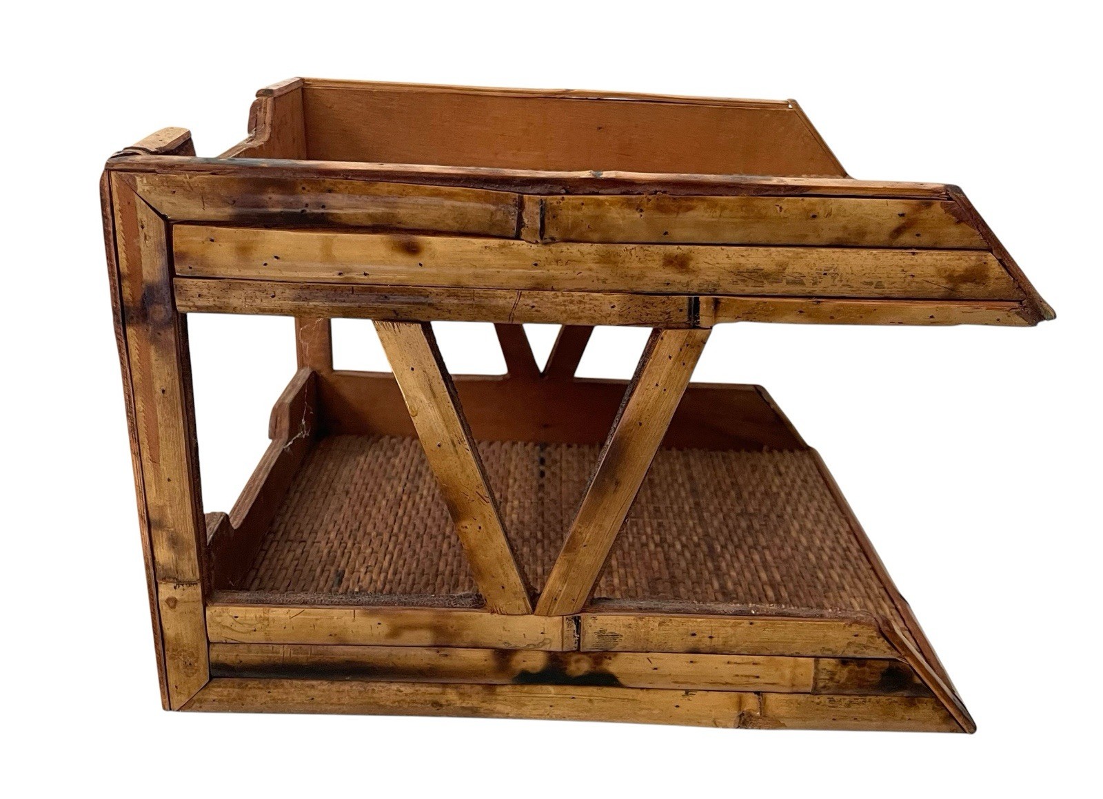 Vintage Burnished Bamboo Woven Rattan 2 Tiered Desk Organizer. Boho Coastal Deco