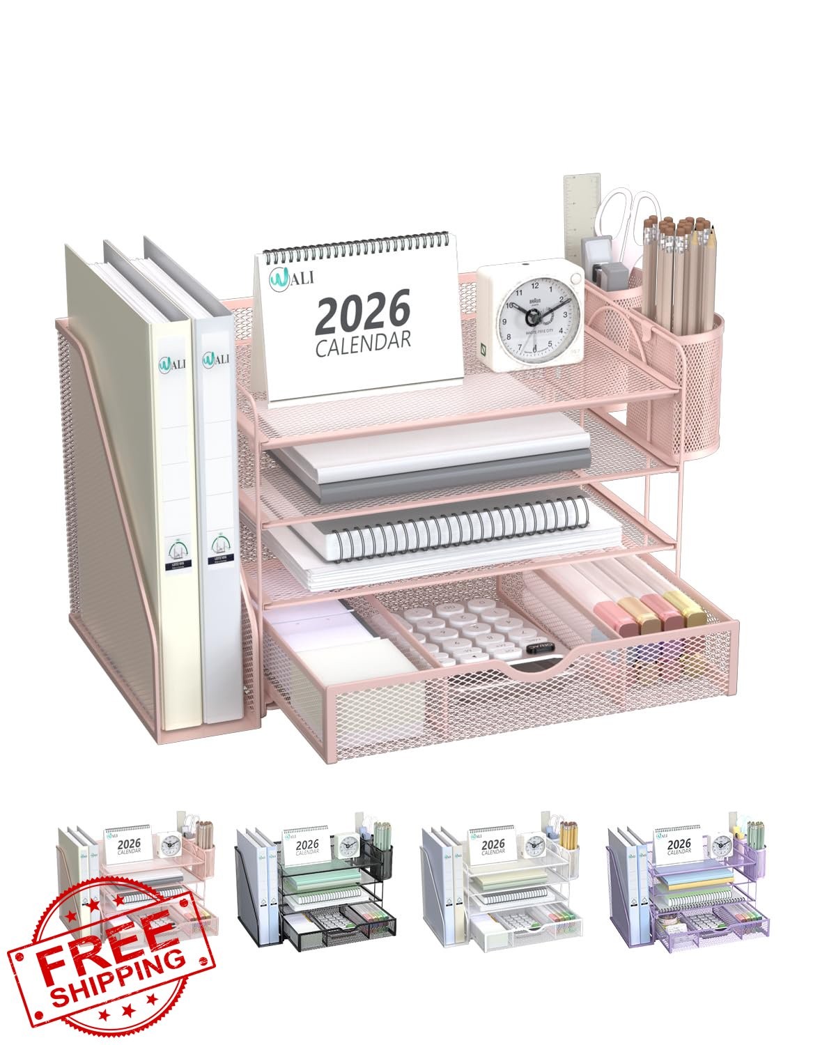 WALI Desk Organizer 4 Tier Pink 1 Pack