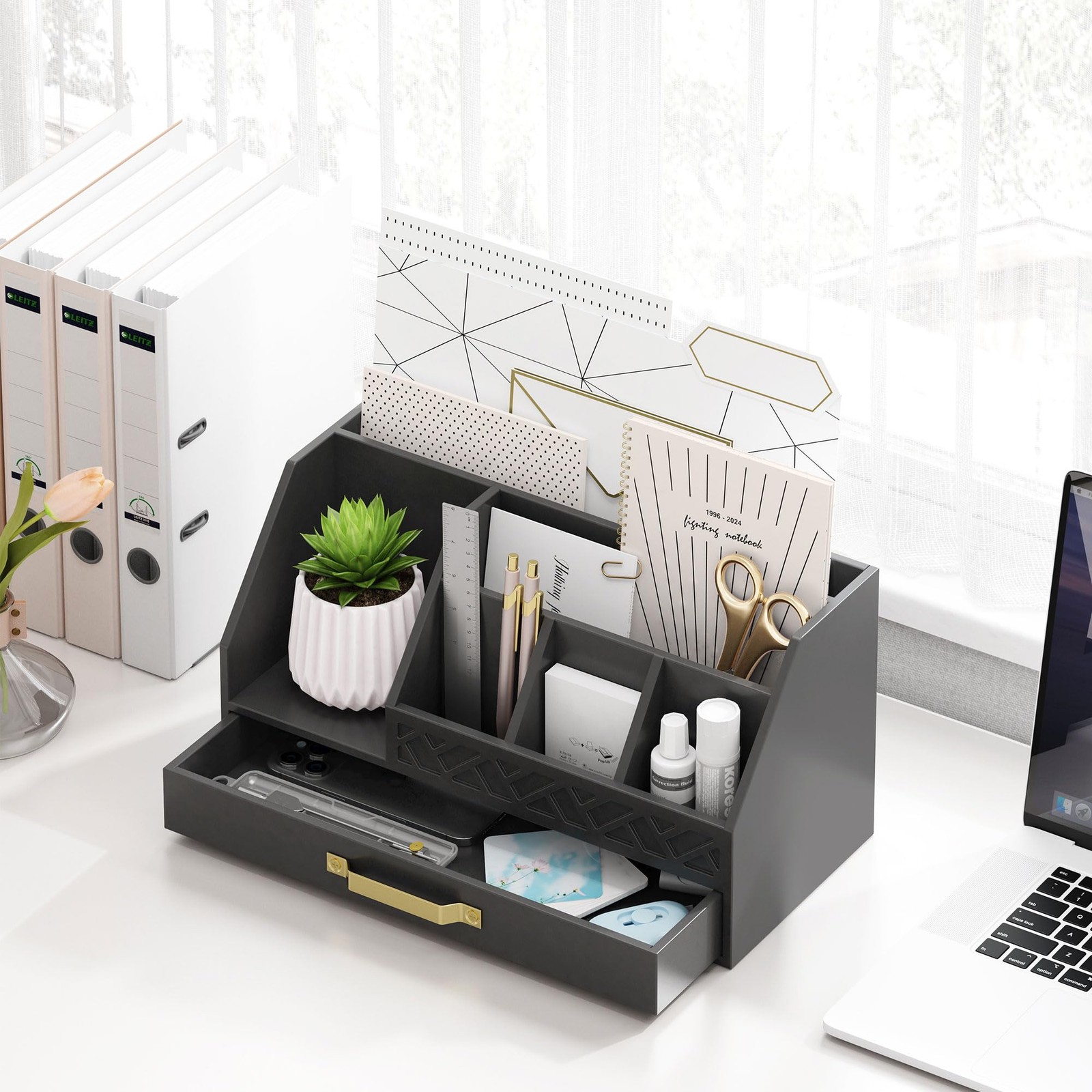 Wisuce Bamboo Mail Organizer Countertop with Drawers, Wooden Desk Black