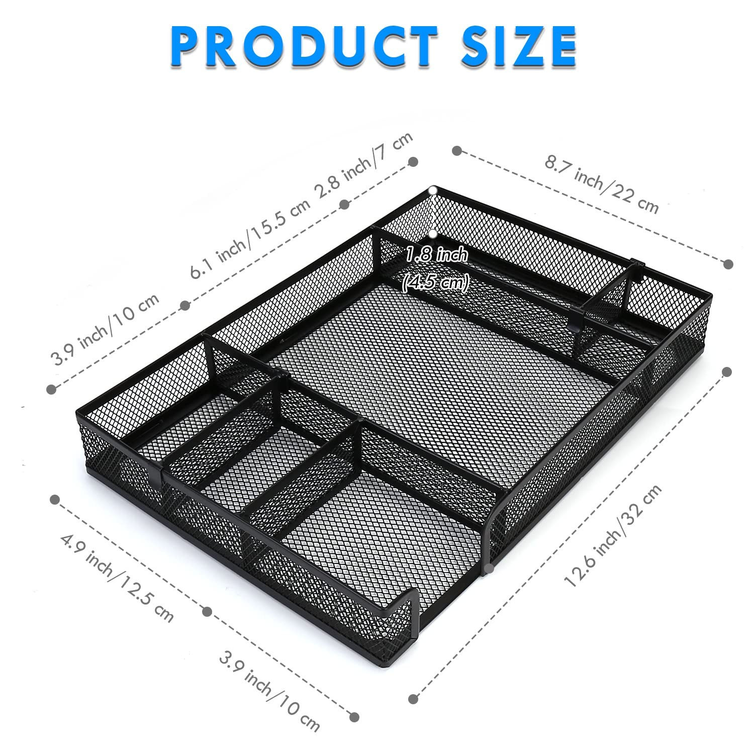 Desk Drawer Organizer Tray, 6Grid Metal Mesh, Adjustable Compartments