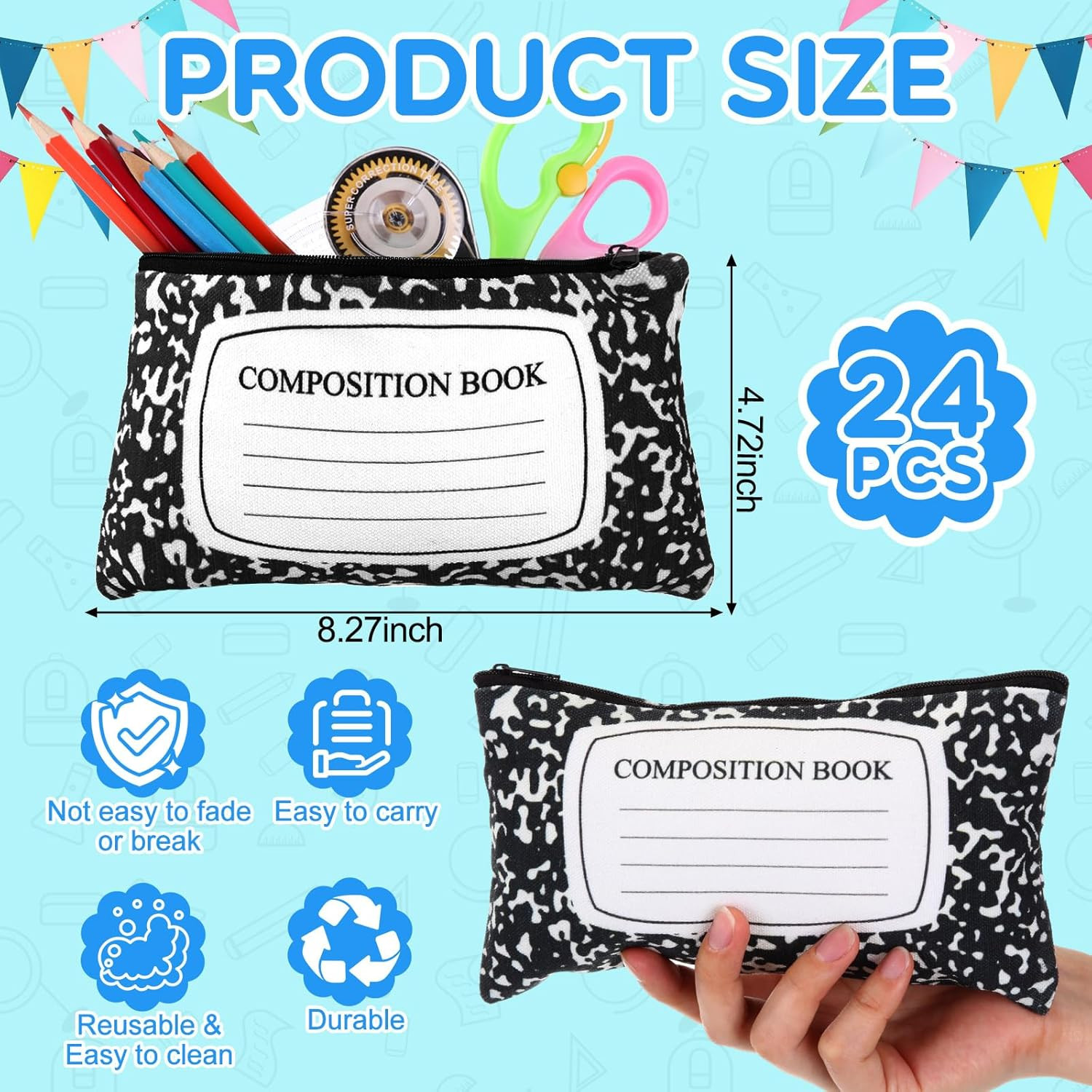 24 Pcs Composition Book Pencil Pouches Canvas Zipper Pencil Case Pen Bags Bulk W