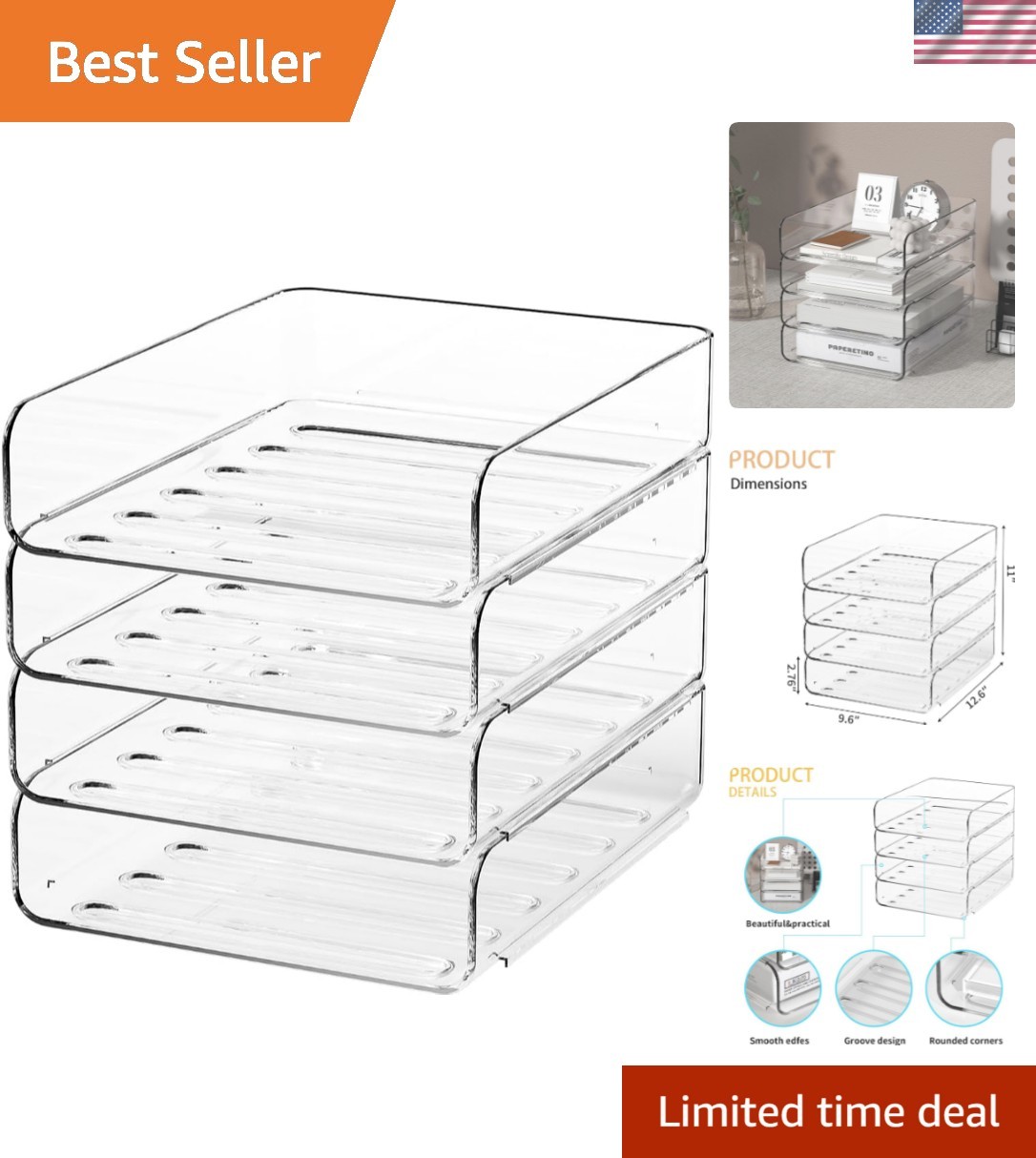 4-Tier Acrylic Paper Tray Organizer | Clear Stackable Desk Organizer for Docu…
