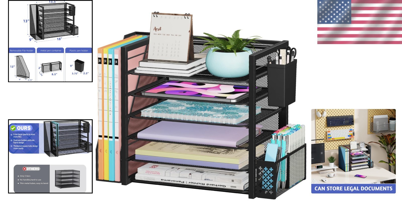 Versatile 6 Tier Desktop Organizer with Removable File Holder & Pen Container