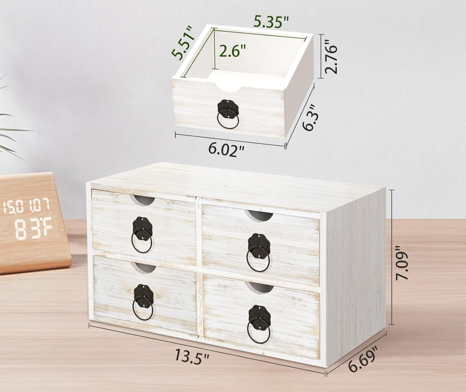 SeekElegant Wooden Desktop Organizer w/ 4 Drawers, White Washed NEW (40B)