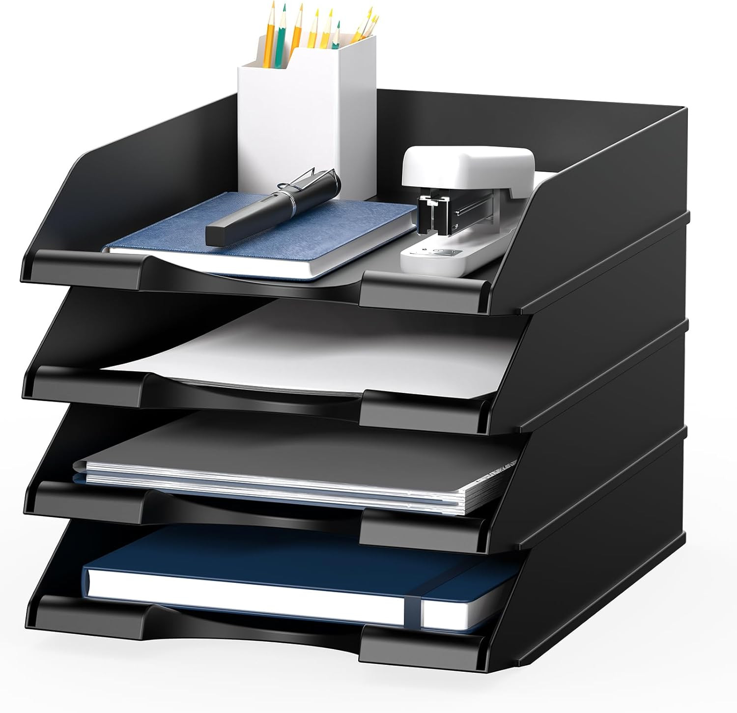 4 Pack Stackable Paper Trays for Letter Documents, Desktop File Organizers for O