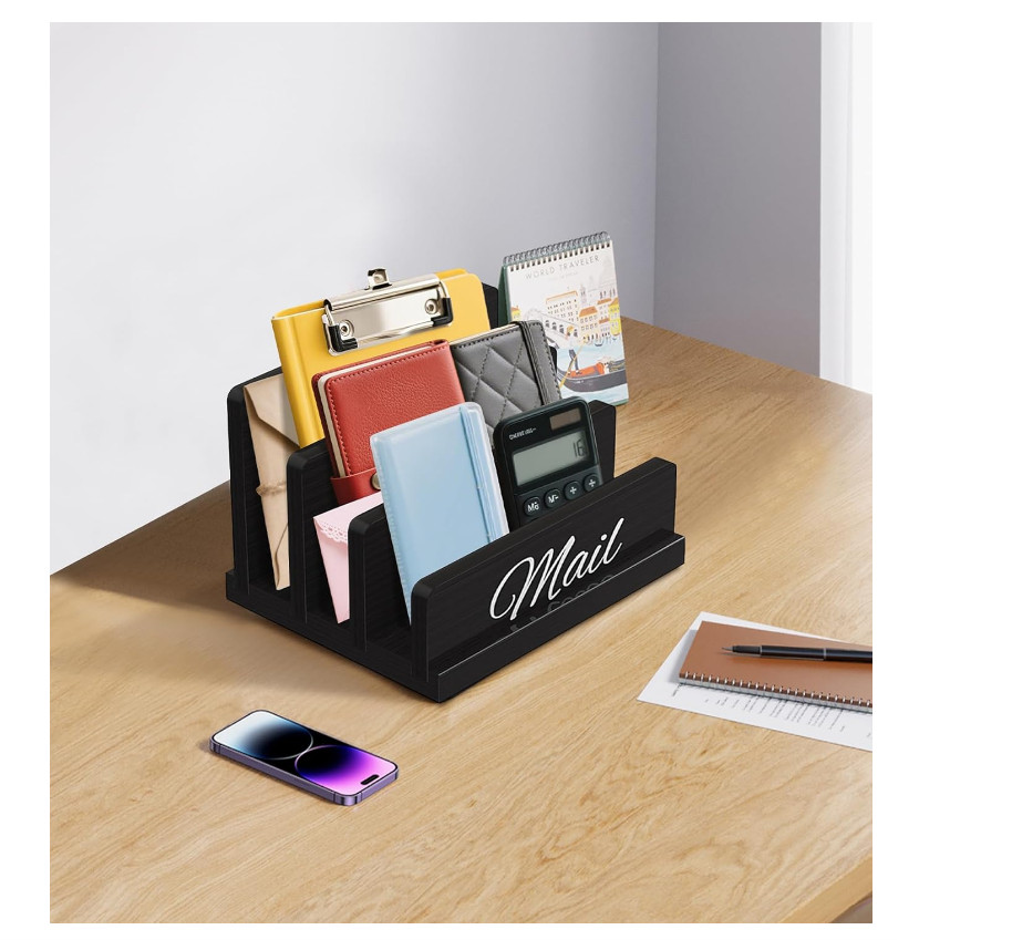 Wooden Desk Mail Organizer, 3-Slot Vertical Letter Sorter Office Desktop Holder