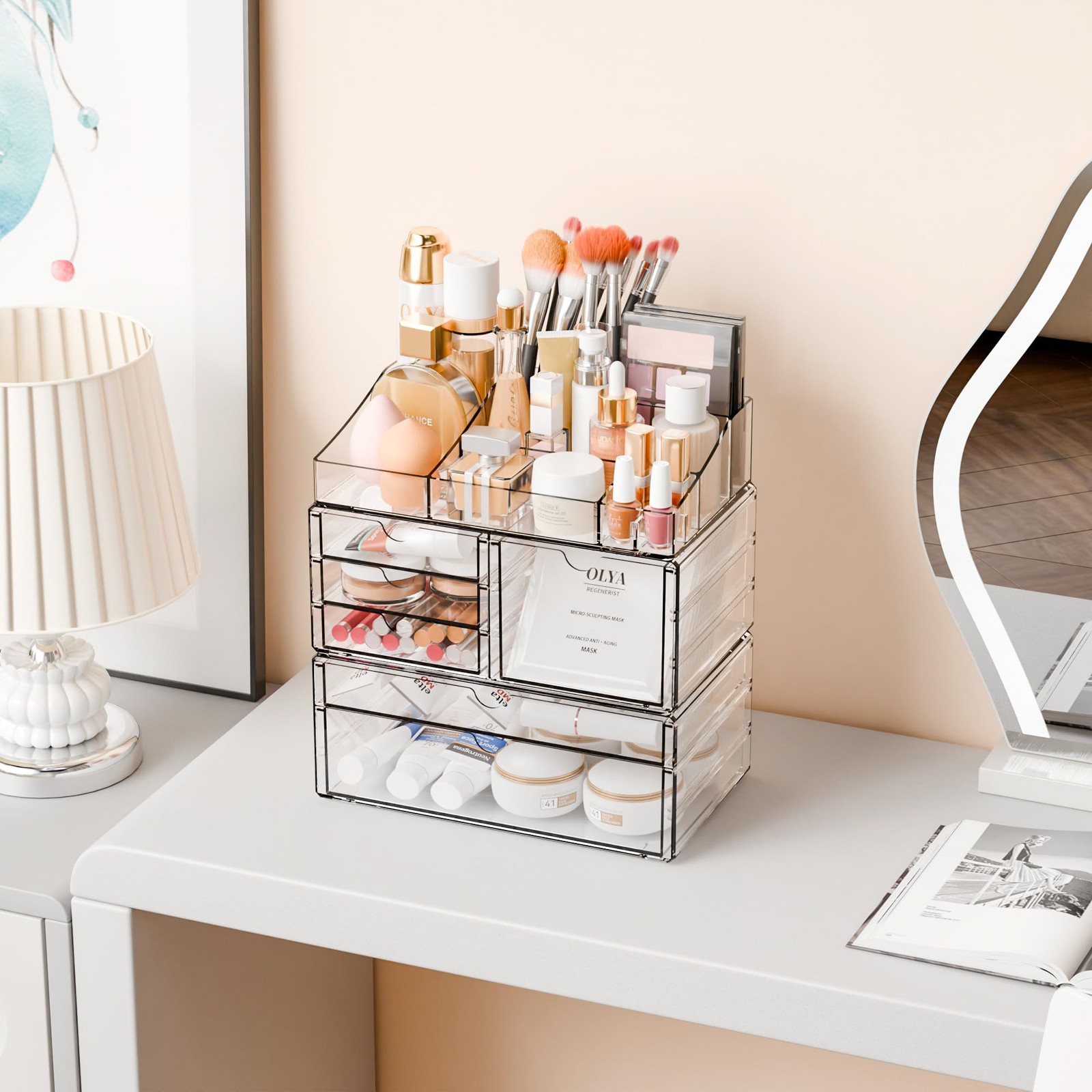Yieach Acrylic Make up Organizers for Counter,Desk and 6 Drawers, Clear
