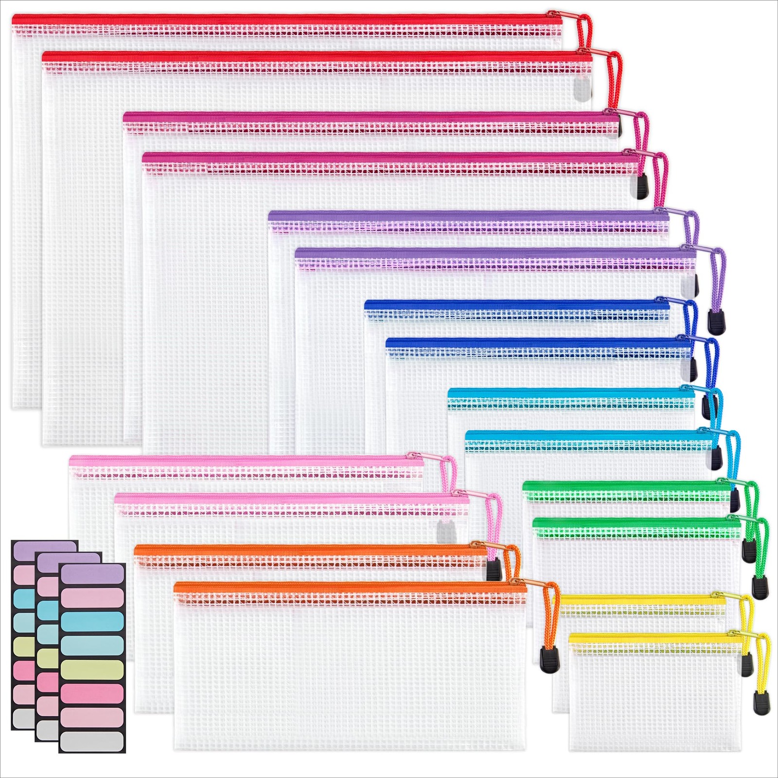 18 Pack 8 Sizes Mesh Pouch, 9 Colors, Waterproof Zipper Bags Document Multipu…