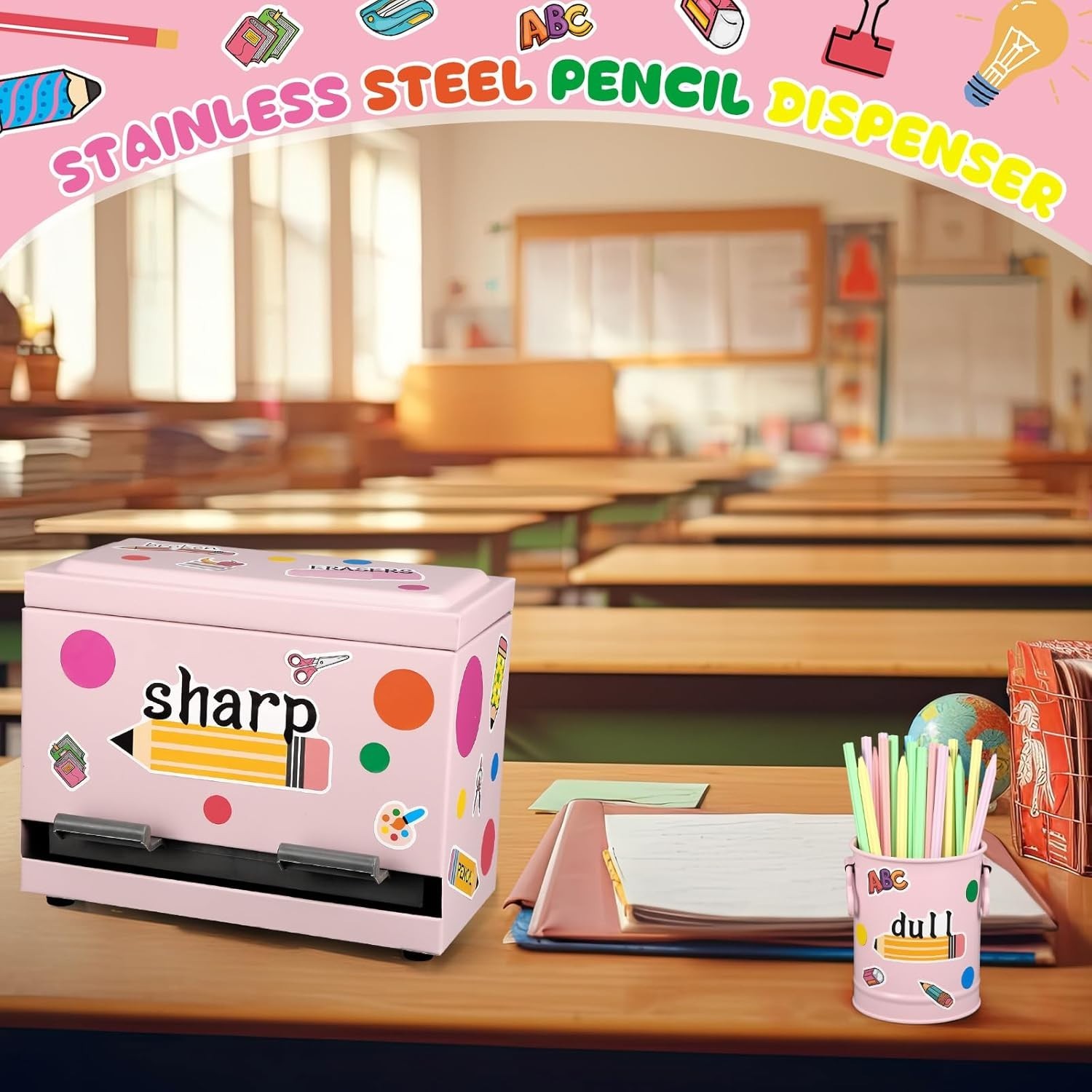 8 Pcs Stainless Steel Pencil Dispenser & Desk Organizer Kit – Light Pink