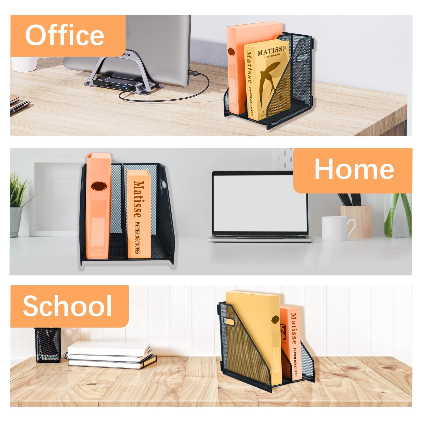 2 Compartments Metal File Rack Mesh Desktop Organizer Office Storage Binder