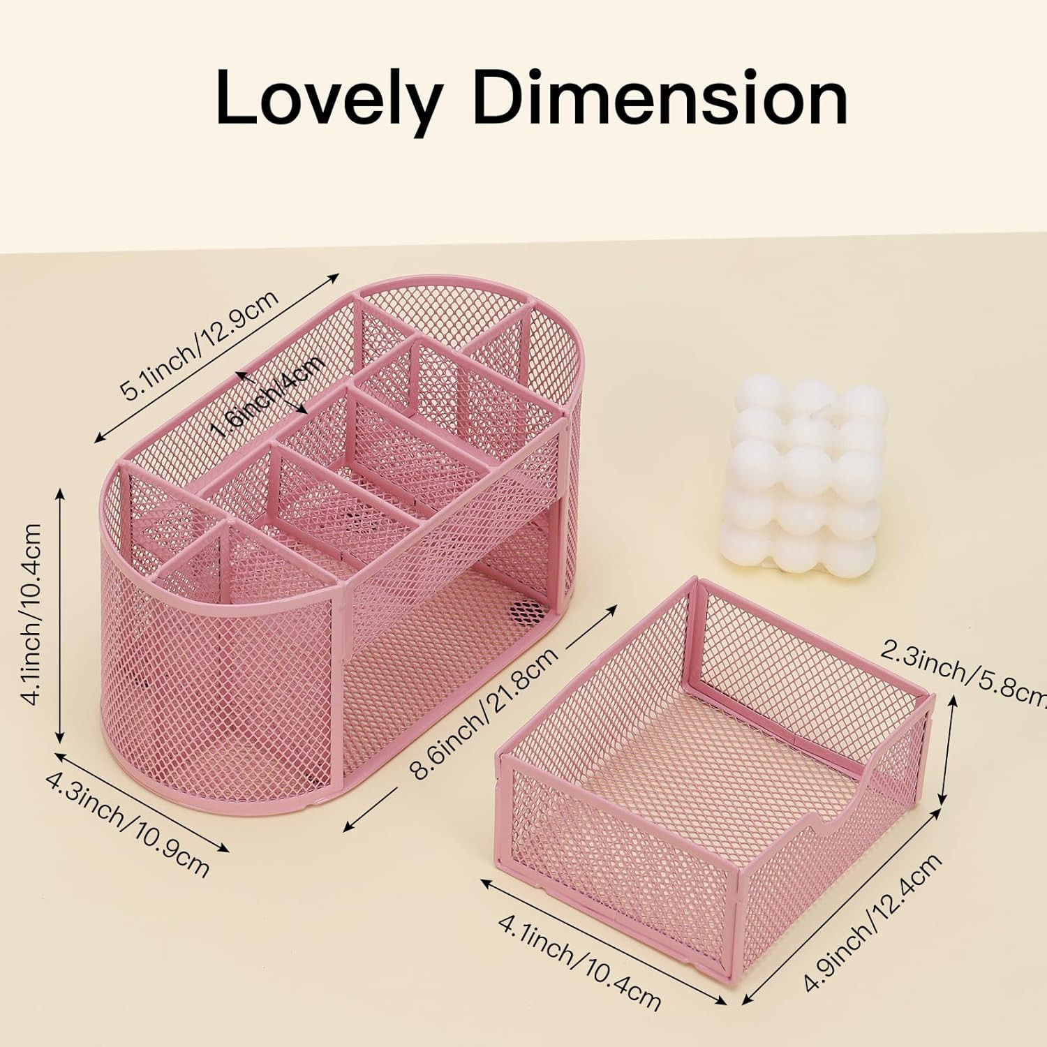 Pink Desk Organizer, Pen Holder for Desk and Accessories, Mesh Desk Organizer wi