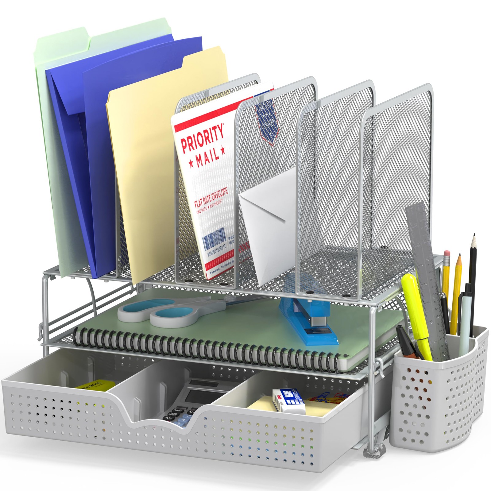 Mesh Desk Organizer with Sliding Drawer, Double Tray and 5 Upright Sections, …
