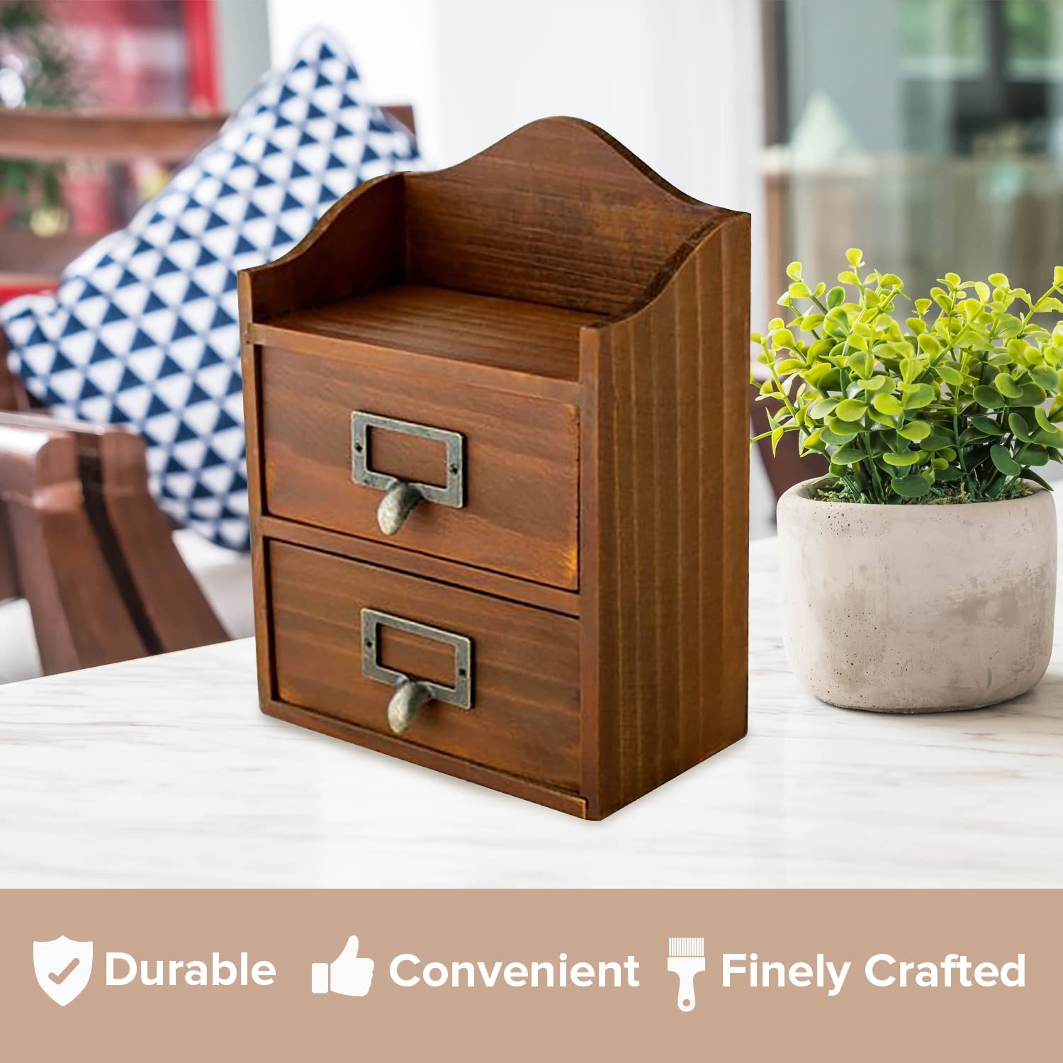 Mini Vintage 2 Drawer Desktop Organizer – Rustic Card Catalog 2 Drawer, Brown