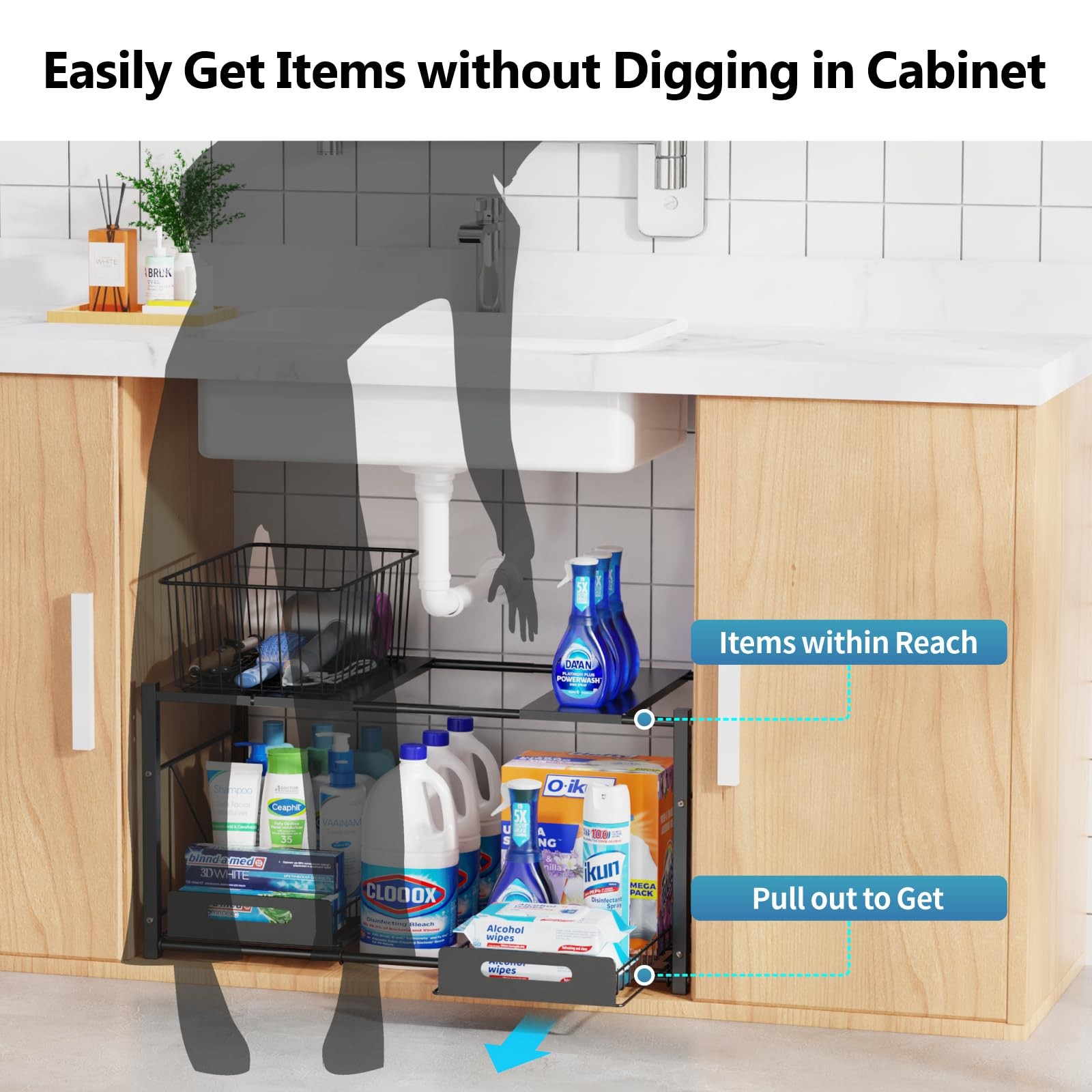 iSPECLE Extendable Under Sink Organizer – 2 Tier Expandable Black