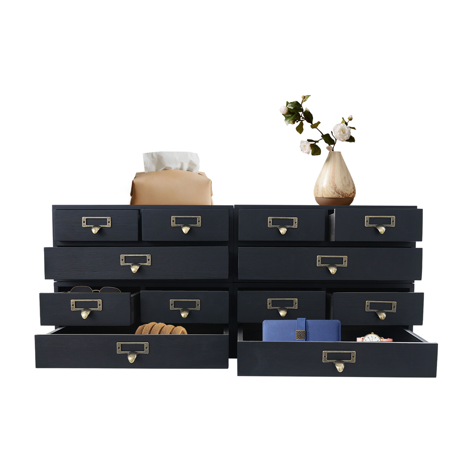 4 Pack 3 Drawer Wooden Desktop Organizer Drawer Storage Box For Tabletop- Black