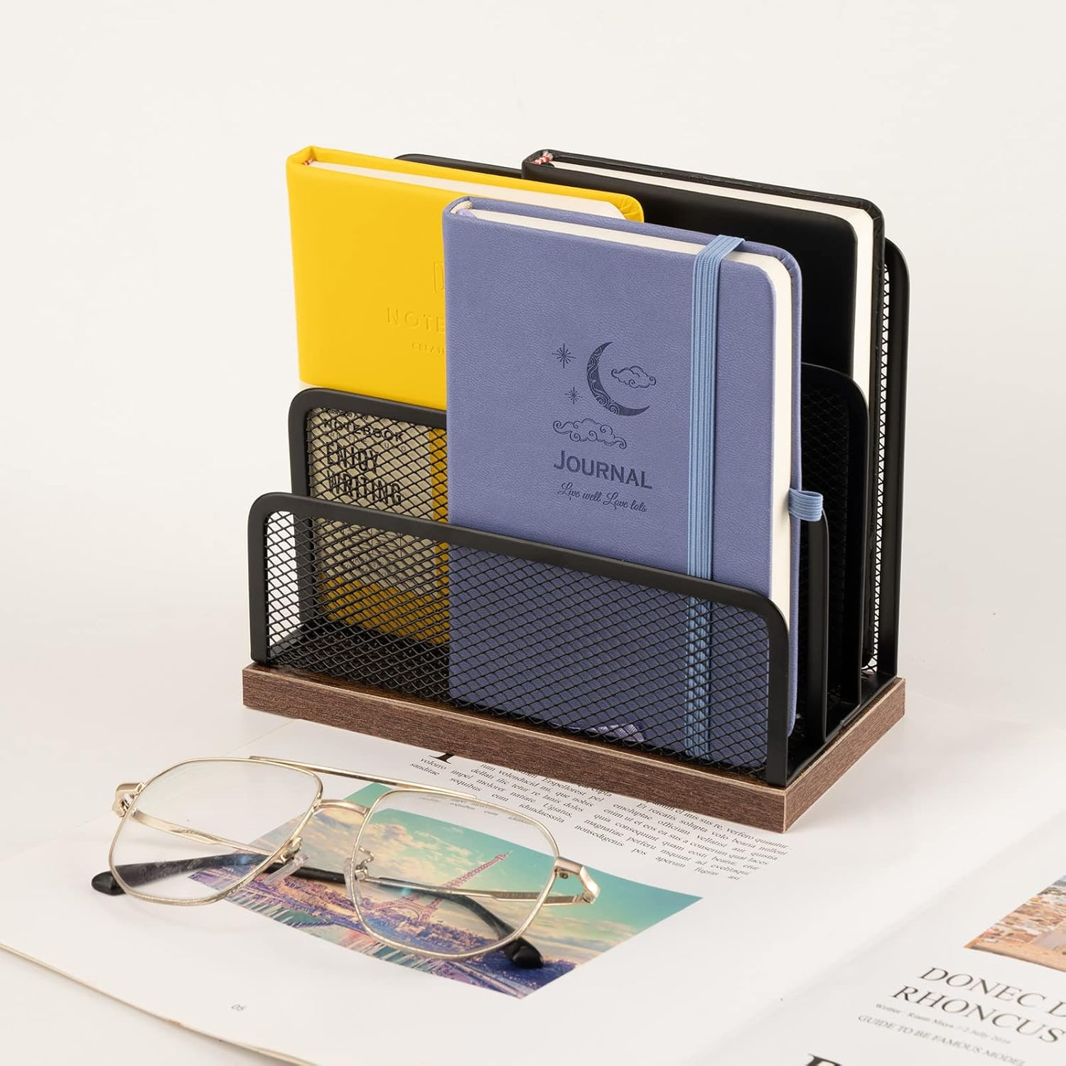 Wooden Desk Mail Organizer, Desktop File Organizer Metal Mesh with 3 Vertical Up