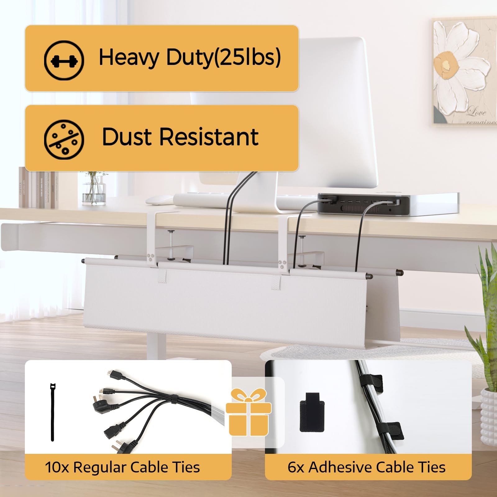 Under Desk Cable Management Tray – 28″ Cord Organizer for 28” L, White