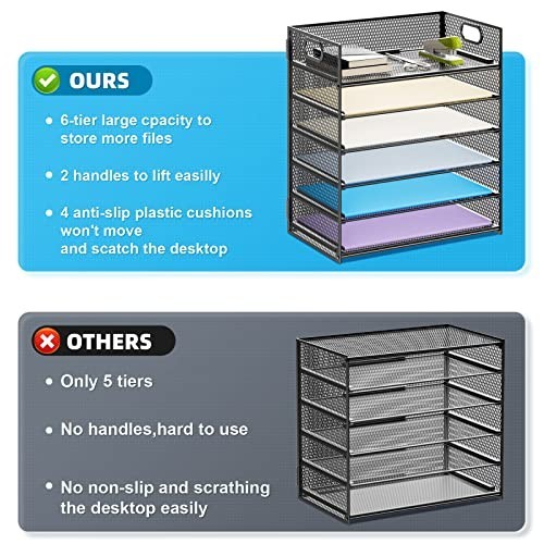 6 Tier Mesh Paper Organizer – Desk File Tray with Handle, A4 Letter Sorter – Bla