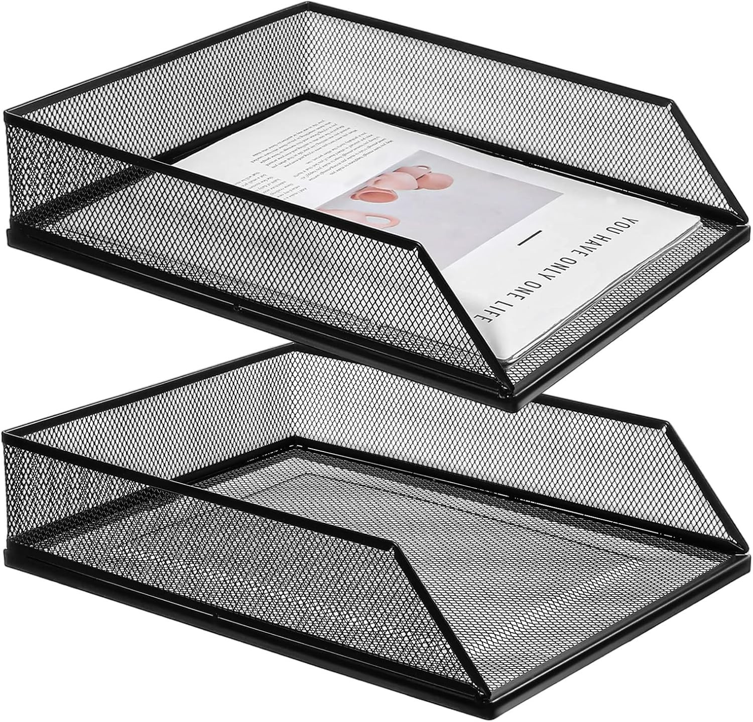 2 Pack 12.8 X 9.84 Inch Black Metal Mesh Letter Tray, Stackable Desk File Organi